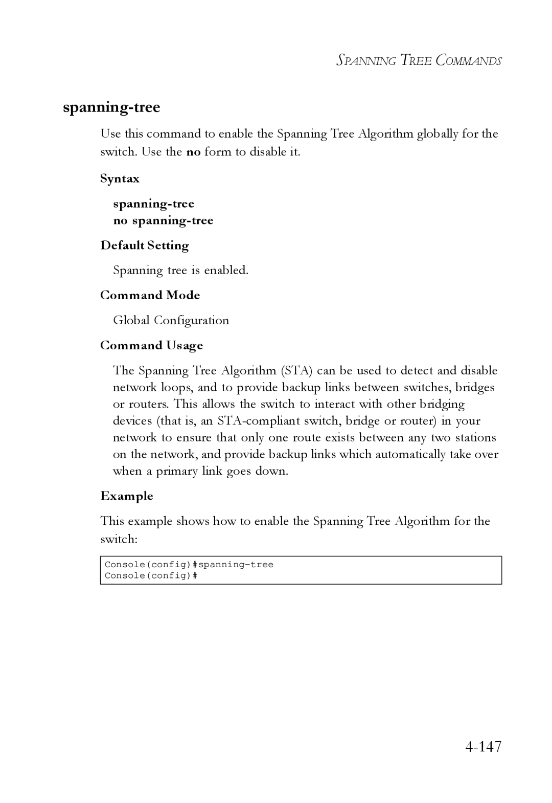 SMC Networks SMC6724L3 manual Syntax Spanning-tree no spanning-tree Default Setting, Spanning tree is enabled 