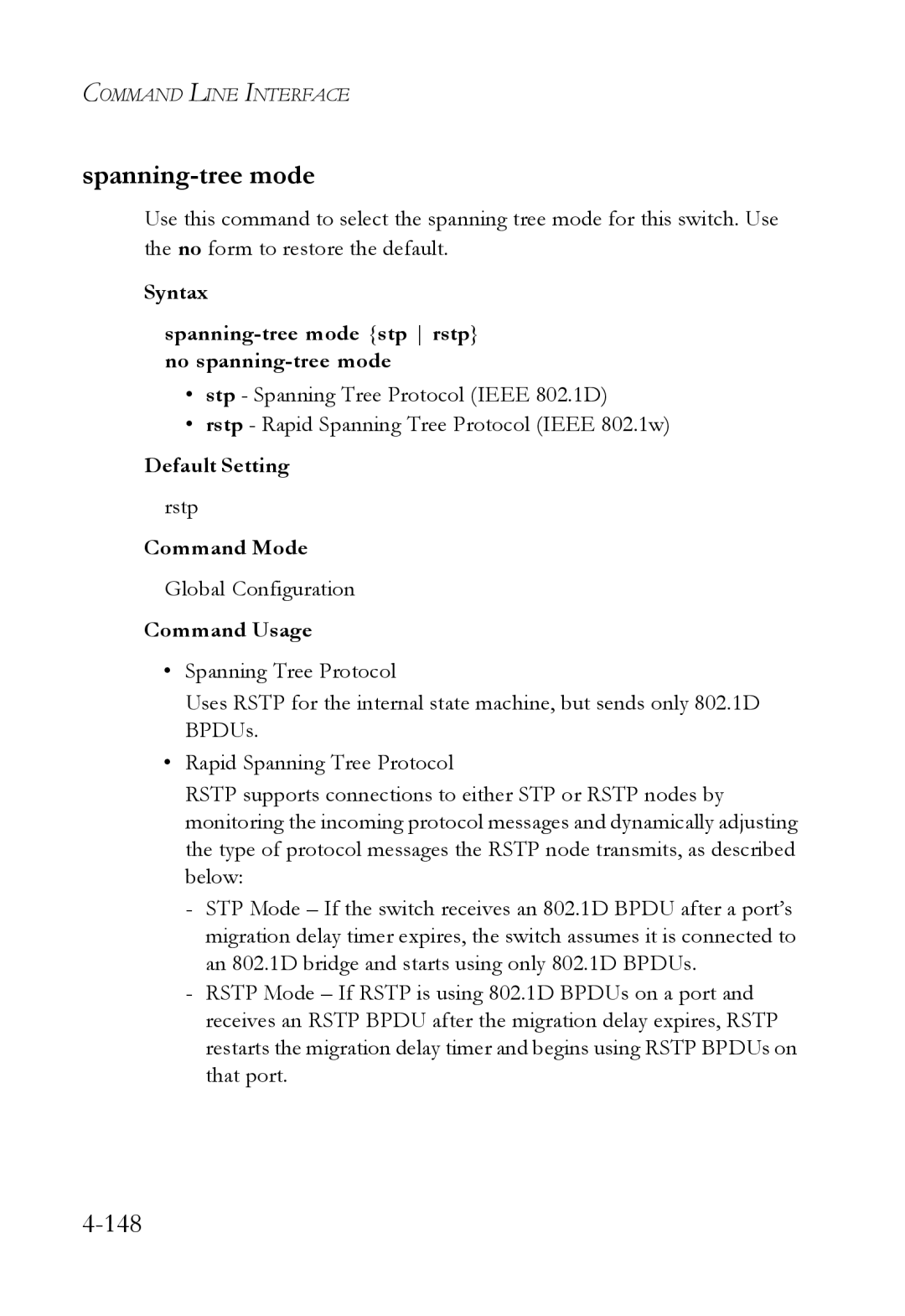 SMC Networks SMC6724L3 manual Syntax Spanning-tree mode stp rstp no spanning-tree mode, Rstp 