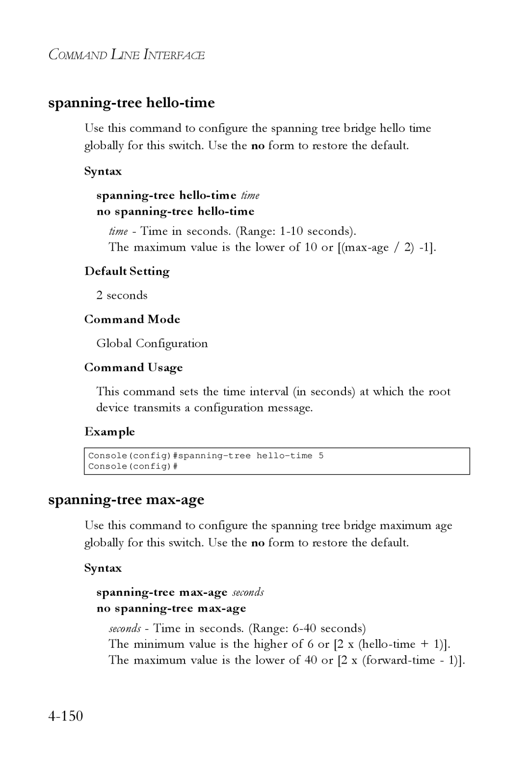 SMC Networks SMC6724L3 manual Spanning-tree hello-time, Spanning-tree max-age 