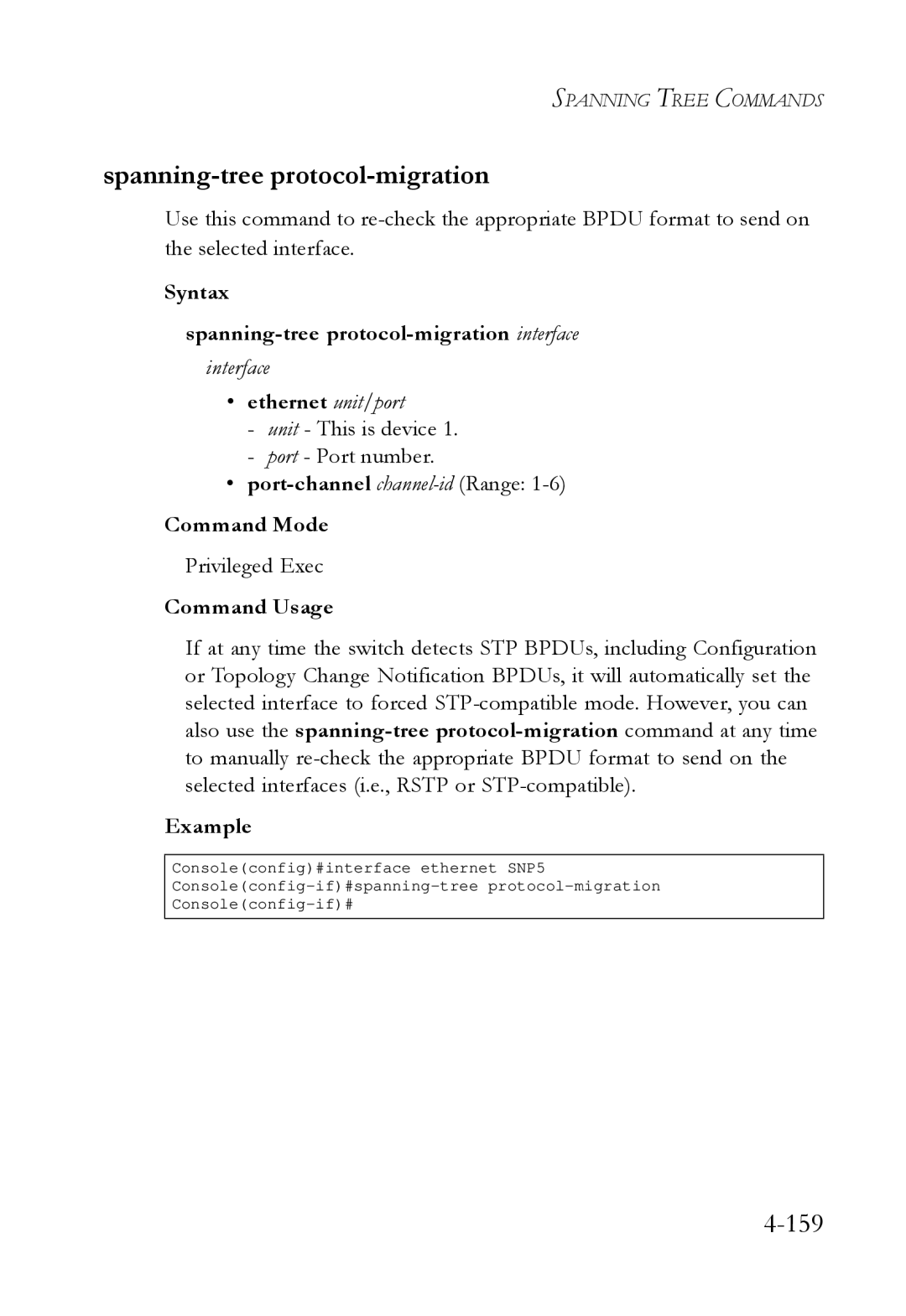 SMC Networks SMC6724L3 Syntax Spanning-tree protocol-migration interface, Port-channel channel-idRange Command Mode 