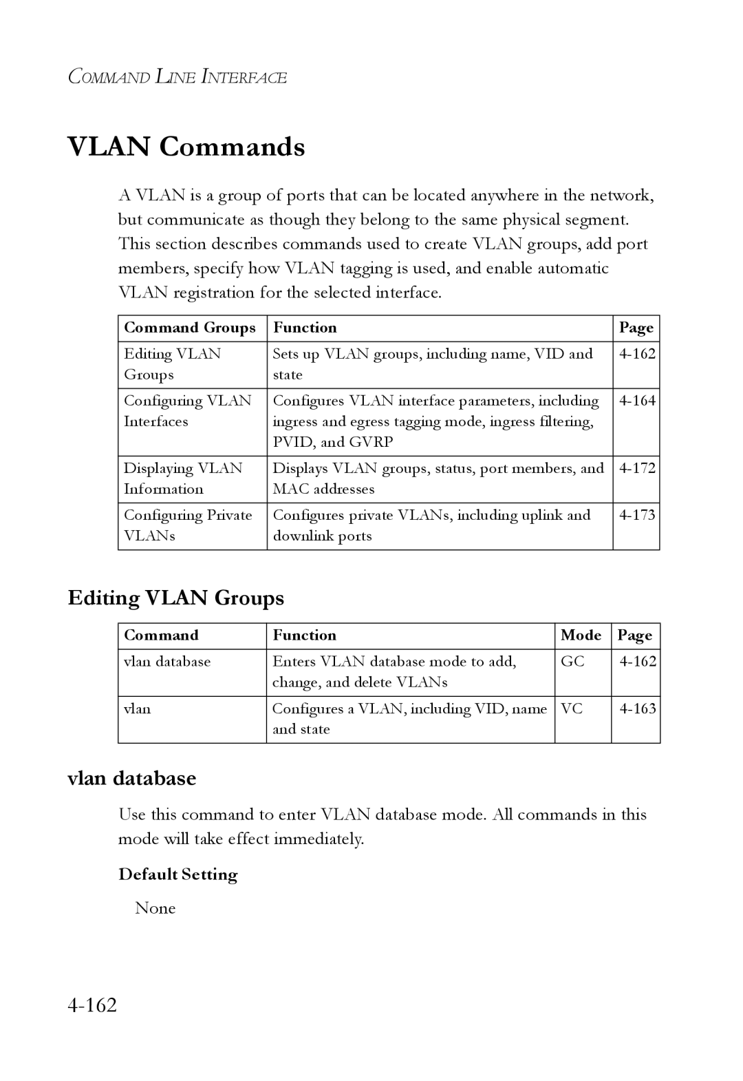 SMC Networks SMC6724L3 manual Vlan Commands, Editing Vlan Groups, Vlan database 