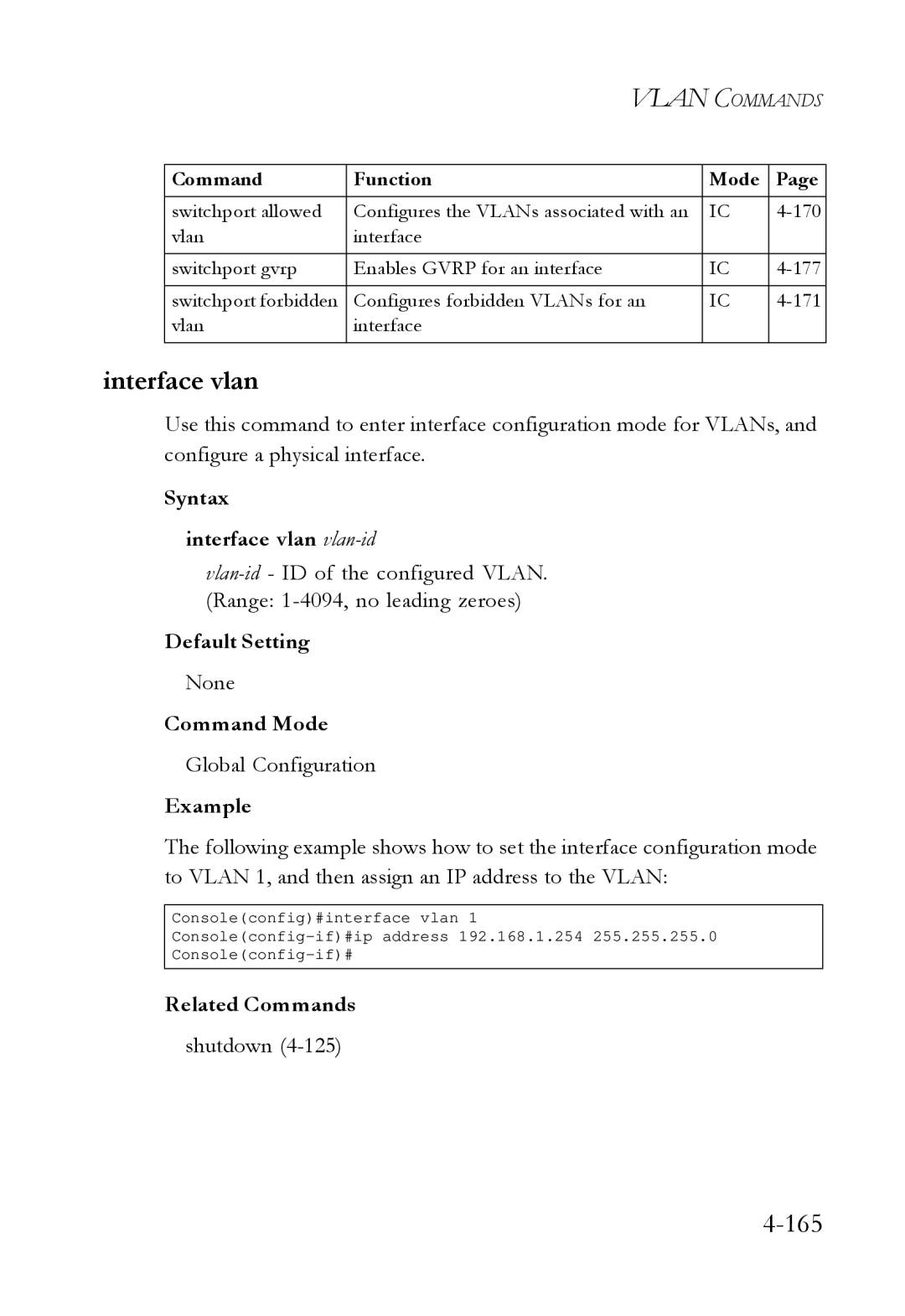 SMC Networks SMC6724L3 manual Syntax Interface vlan vlan-id 