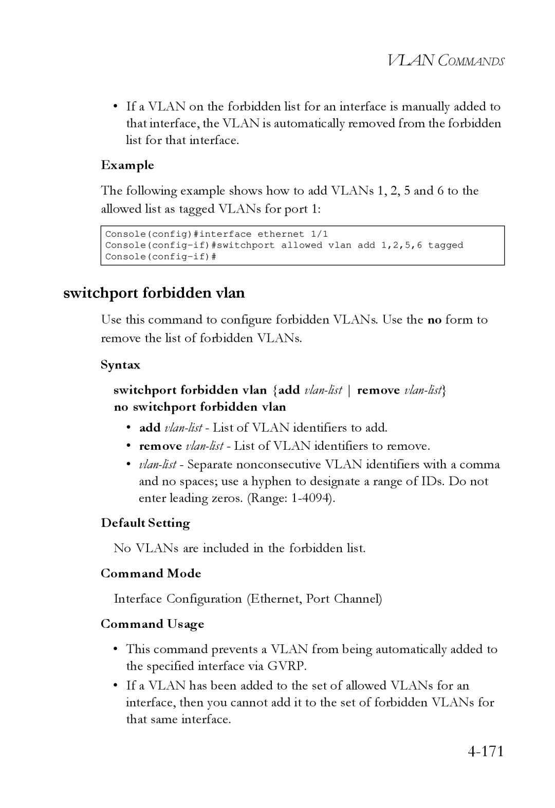 SMC Networks SMC6724L3 manual Switchport forbidden vlan, No VLANs are included in the forbidden list 