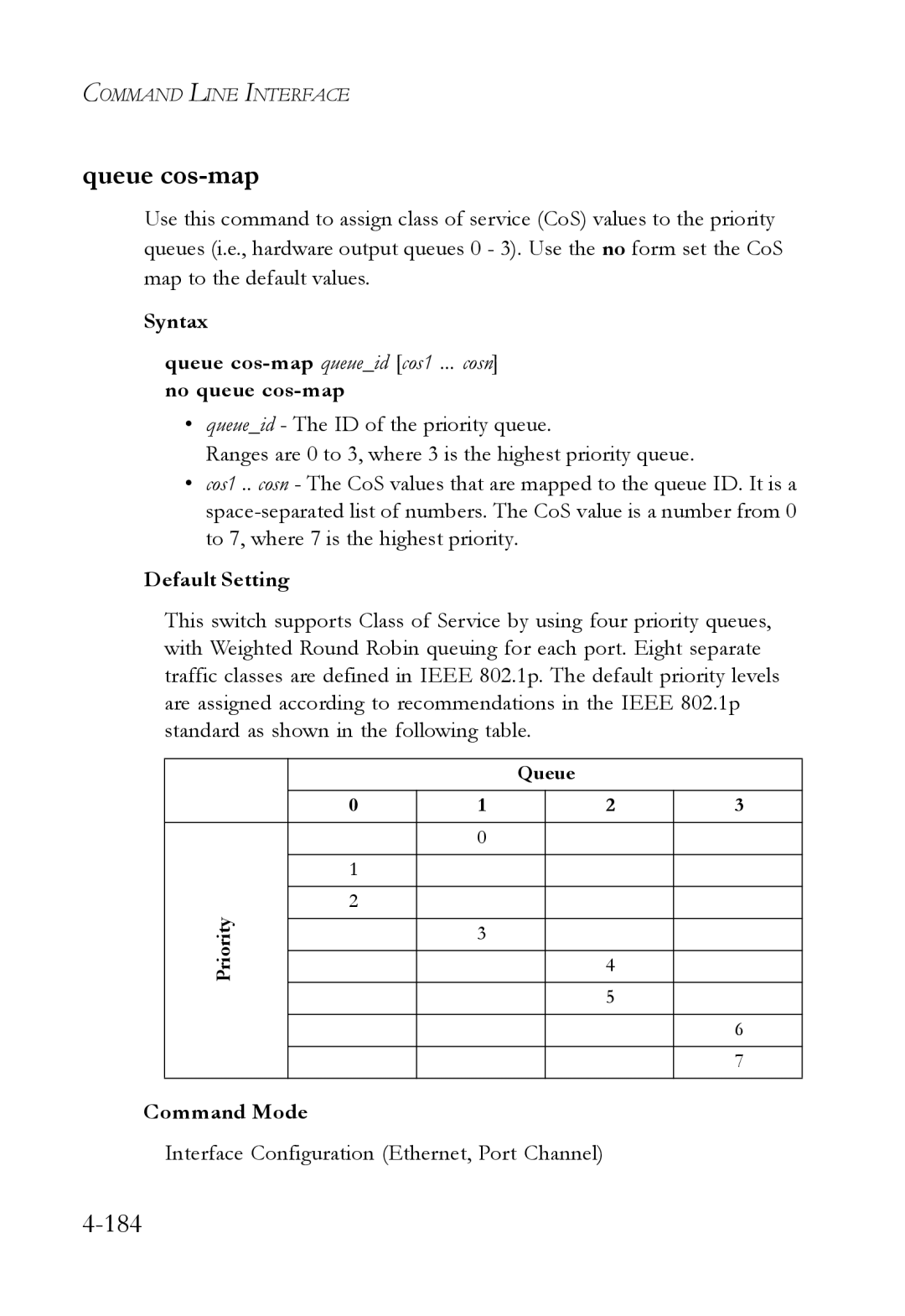 SMC Networks SMC6724L3 manual Queue cos-mapqueueid cos1 ... cosn no queue cos-map 