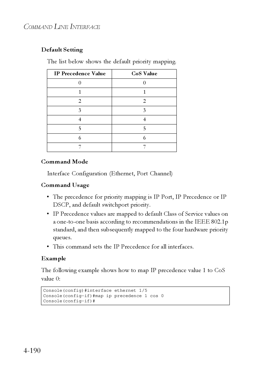 SMC Networks SMC6724L3 manual 190, List below shows the default priority mapping 