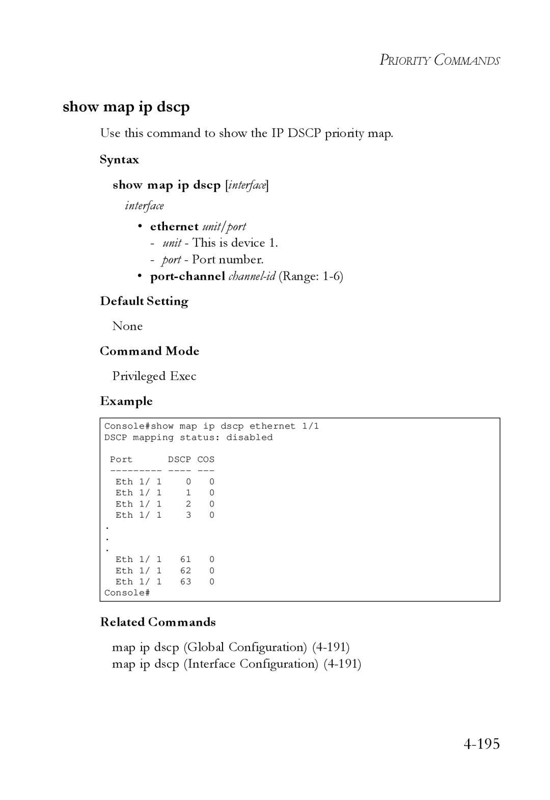 SMC Networks SMC6724L3 manual Show map ip dscp, Use this command to show the IP Dscp priority map 