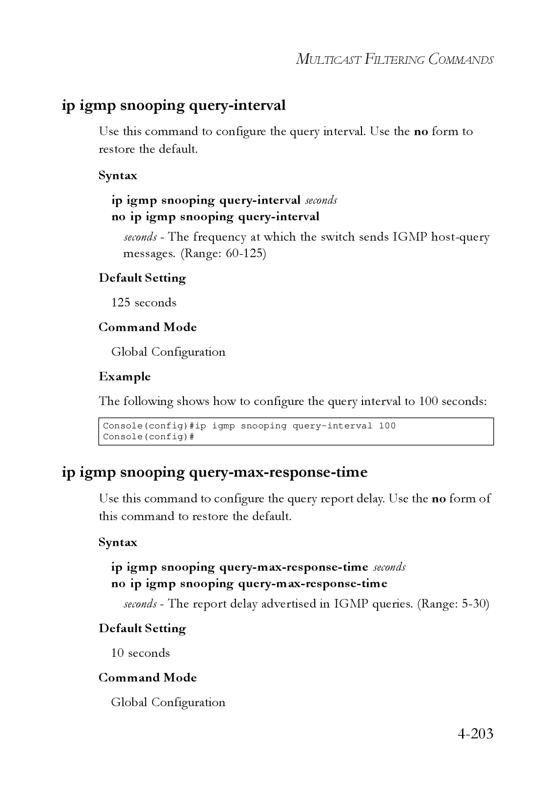 SMC Networks SMC6724L3 manual Ip igmp snooping query-interval, Ip igmp snooping query-max-response-time 