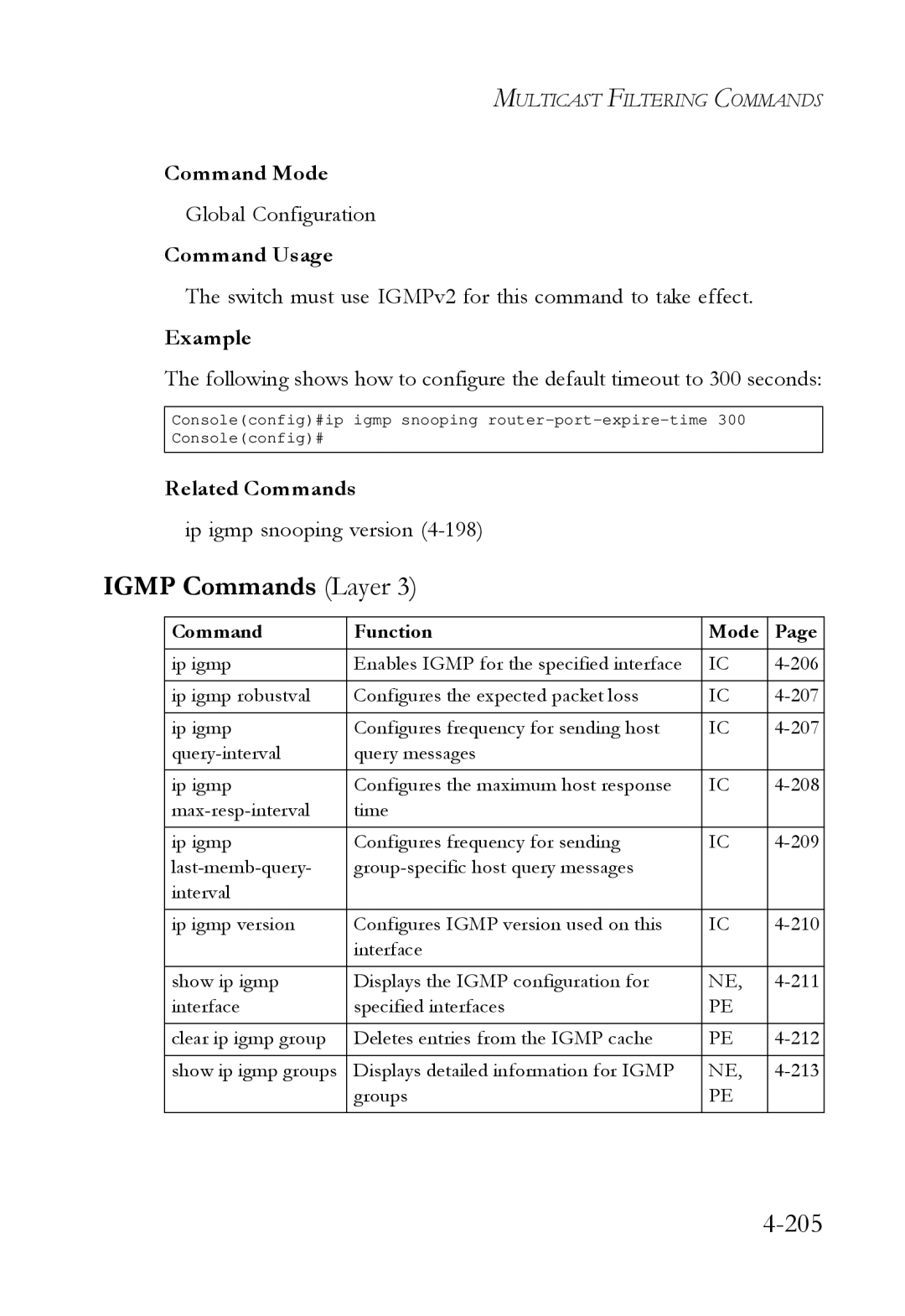 SMC Networks SMC6724L3 manual Igmp Commands Layer, Switch must use IGMPv2 for this command to take effect 