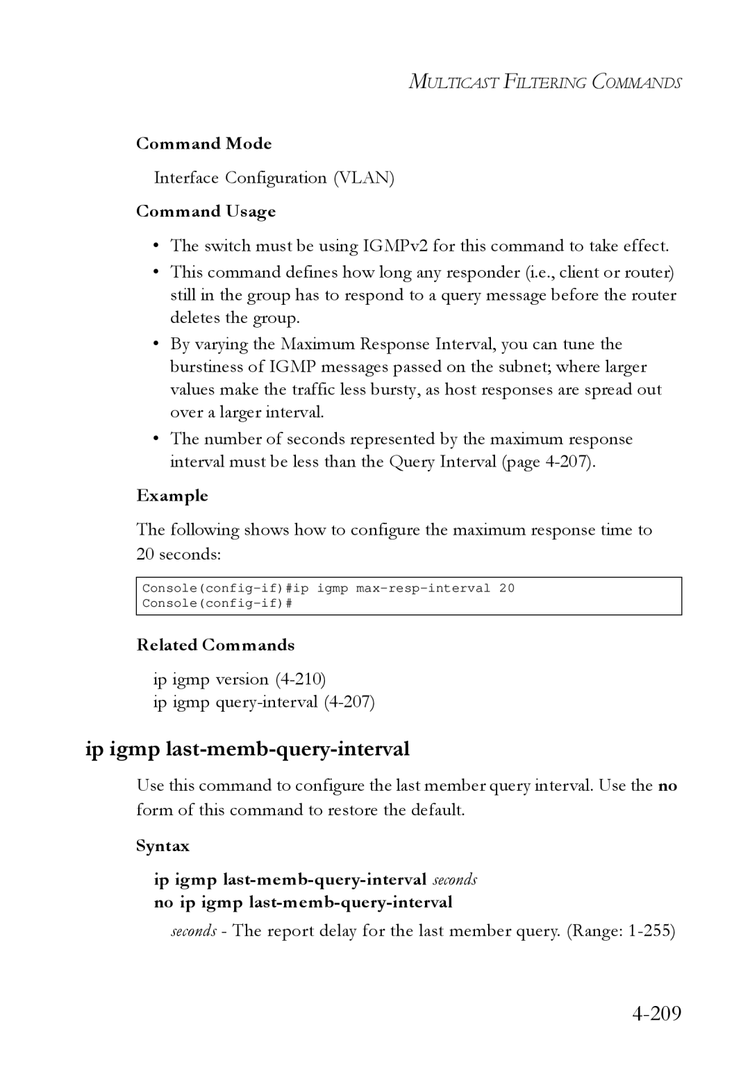 SMC Networks SMC6724L3 manual Ip igmp last-memb-query-interval, Ip igmp version Ip igmp query-interval4-207 