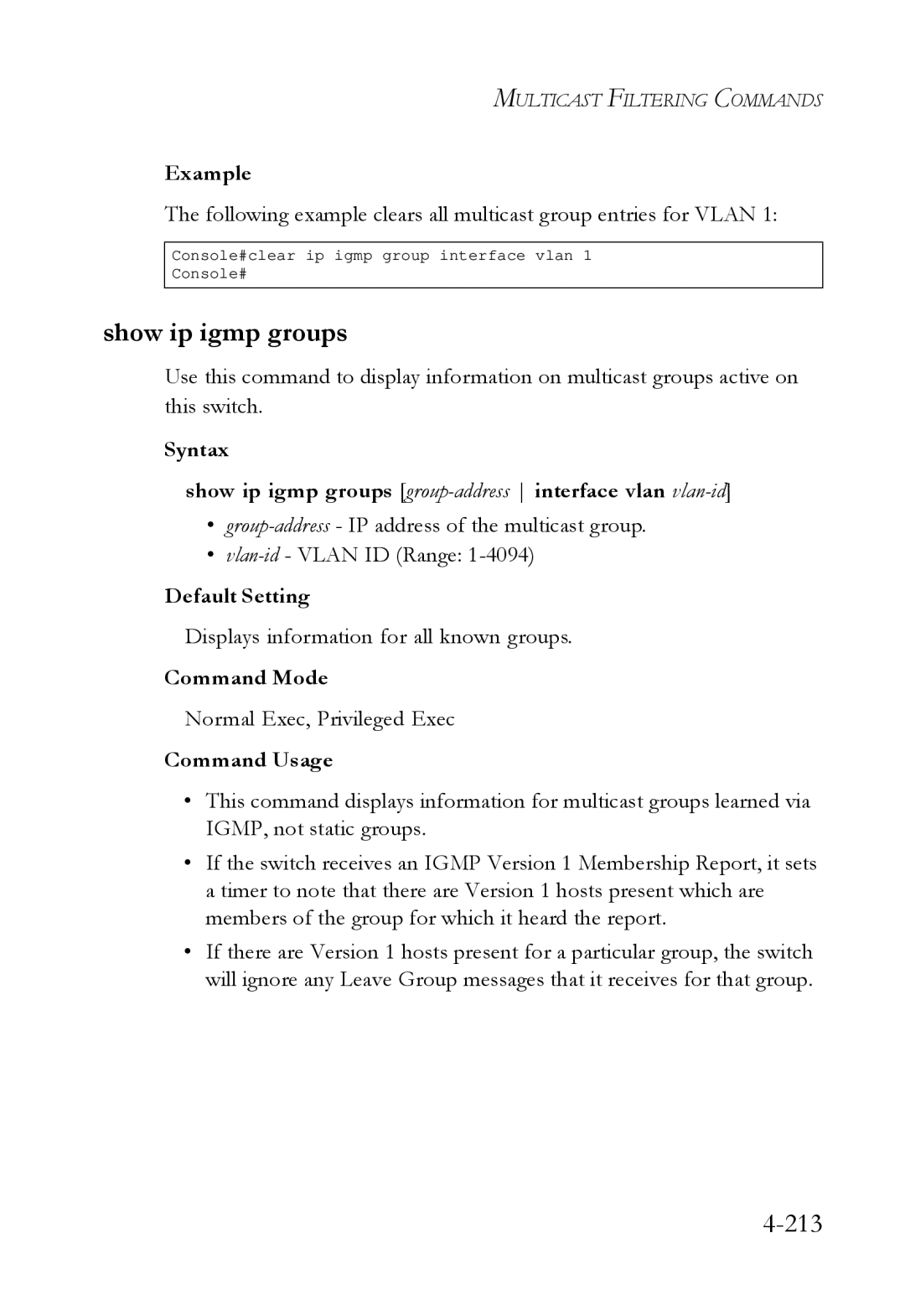 SMC Networks SMC6724L3 manual Show ip igmp groups, Displays information for all known groups 