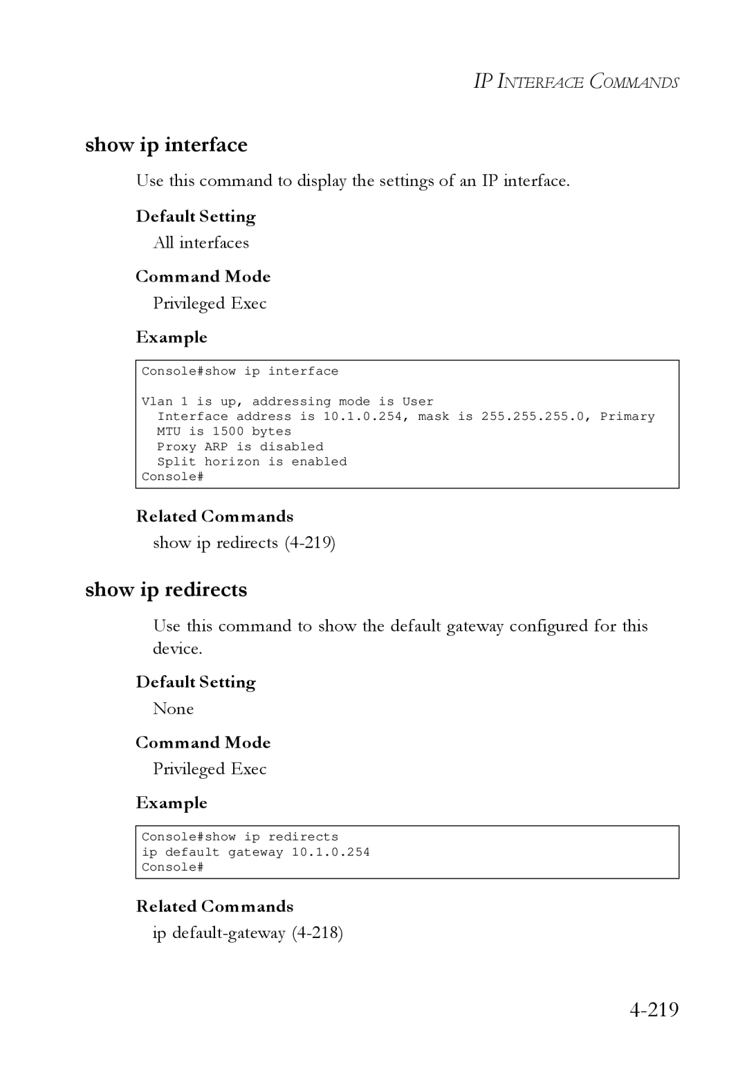 SMC Networks SMC6724L3 Show ip interface, Show ip redirects, Use this command to display the settings of an IP interface 