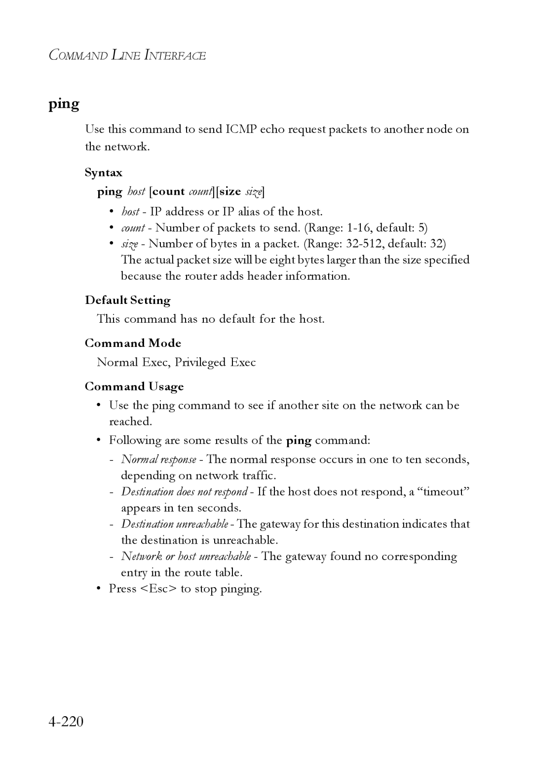 SMC Networks SMC6724L3 manual Syntax Ping host count countsize size, This command has no default for the host 