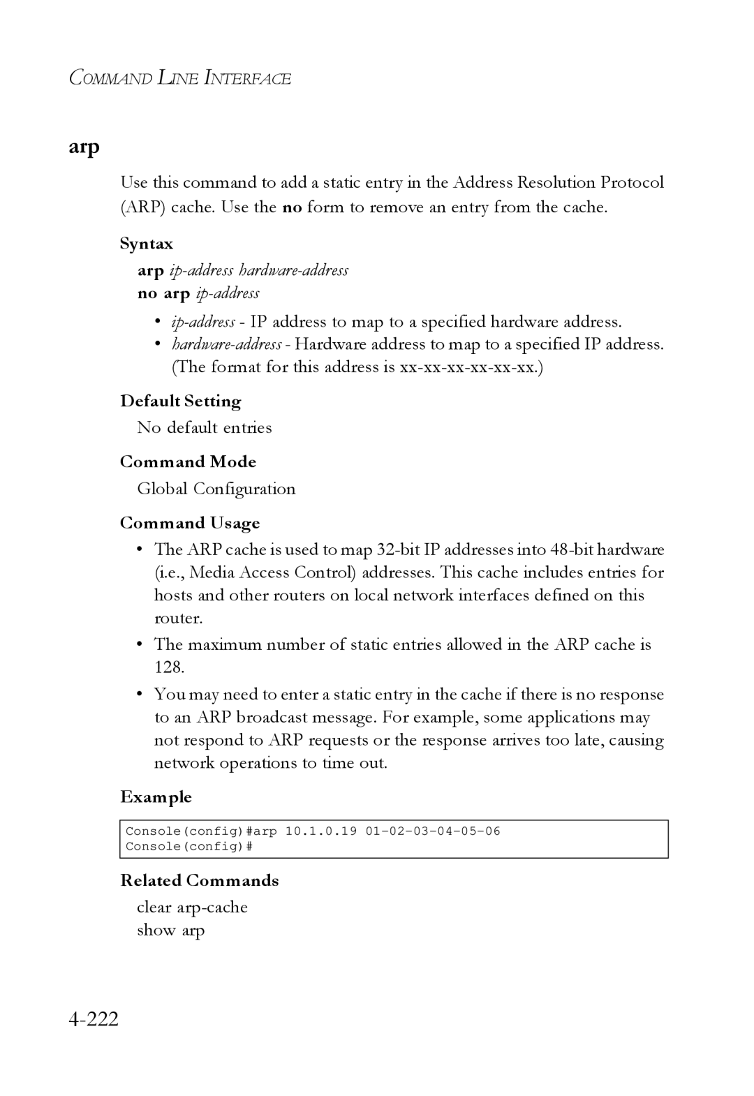 SMC Networks SMC6724L3 Arp ip-address hardware-address no arp ip-address, No default entries, Clear arp-cache show arp 