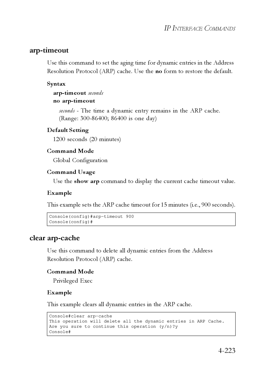 SMC Networks SMC6724L3 manual Clear arp-cache, Syntax Arp-timeout seconds no arp-timeout, Seconds 20 minutes 