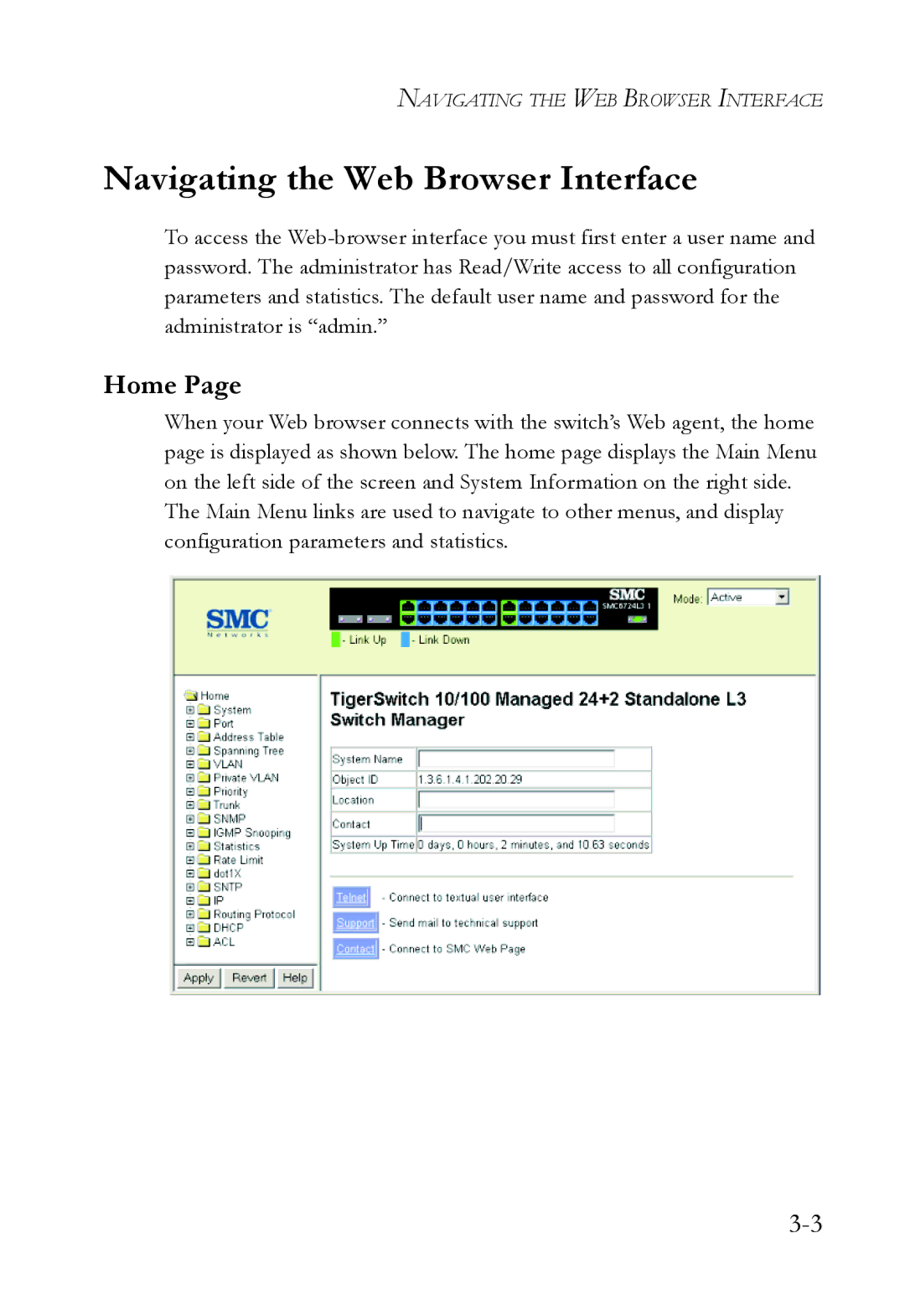 SMC Networks SMC6724L3 manual Navigating the Web Browser Interface, Home 