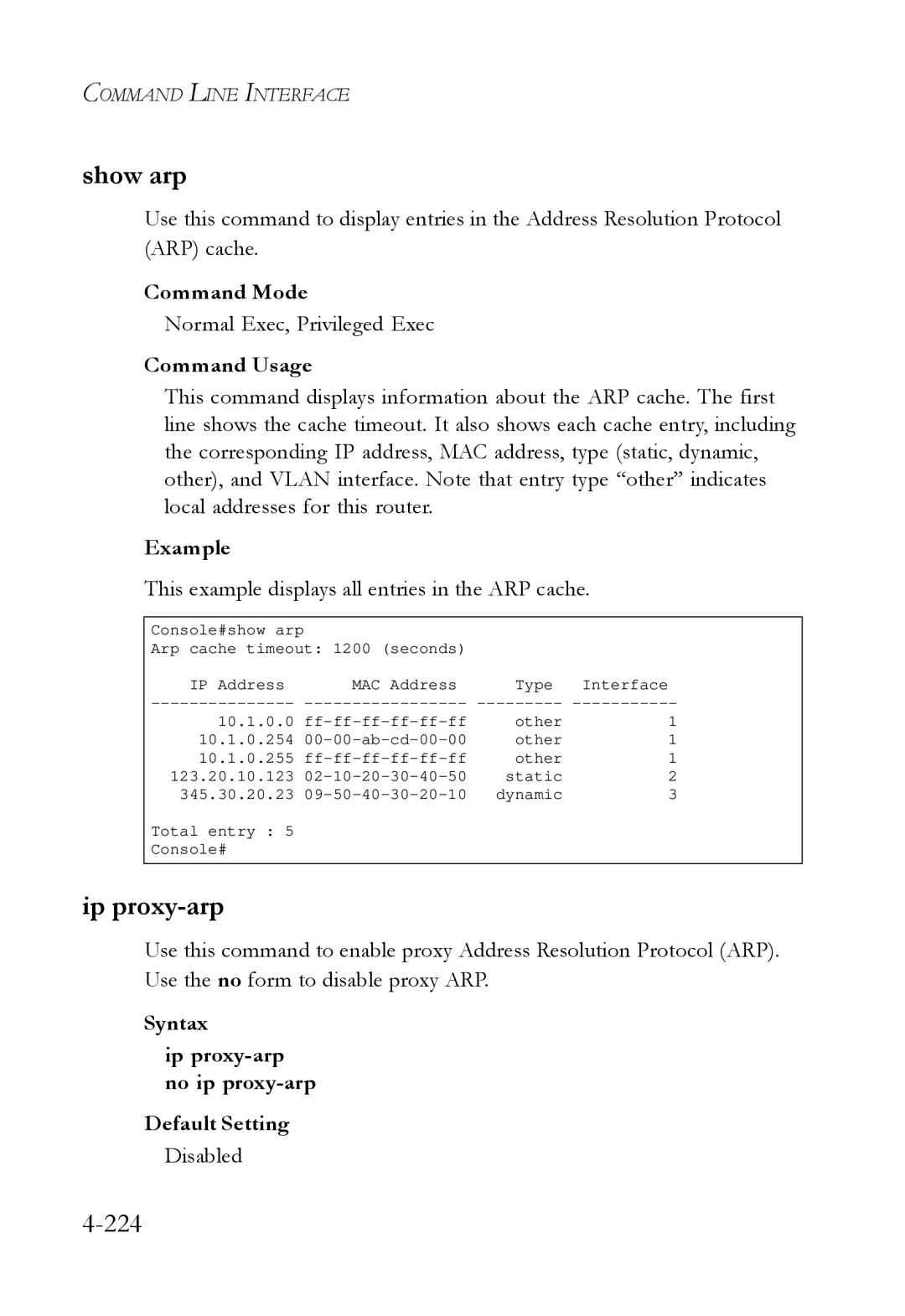 SMC Networks SMC6724L3 manual Show arp, Ip proxy-arp, This example displays all entries in the ARP cache 