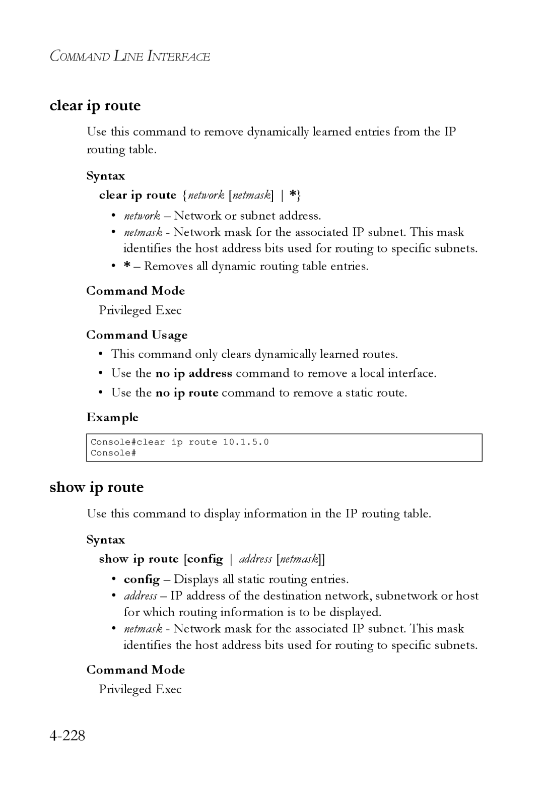 SMC Networks SMC6724L3 manual Show ip route, Syntax Clear ip route network netmask 