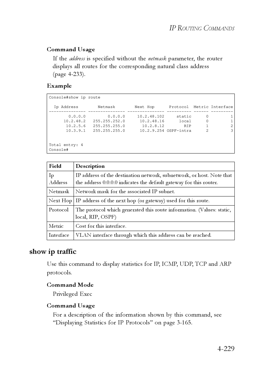 SMC Networks SMC6724L3 manual Show ip traffic, 229 