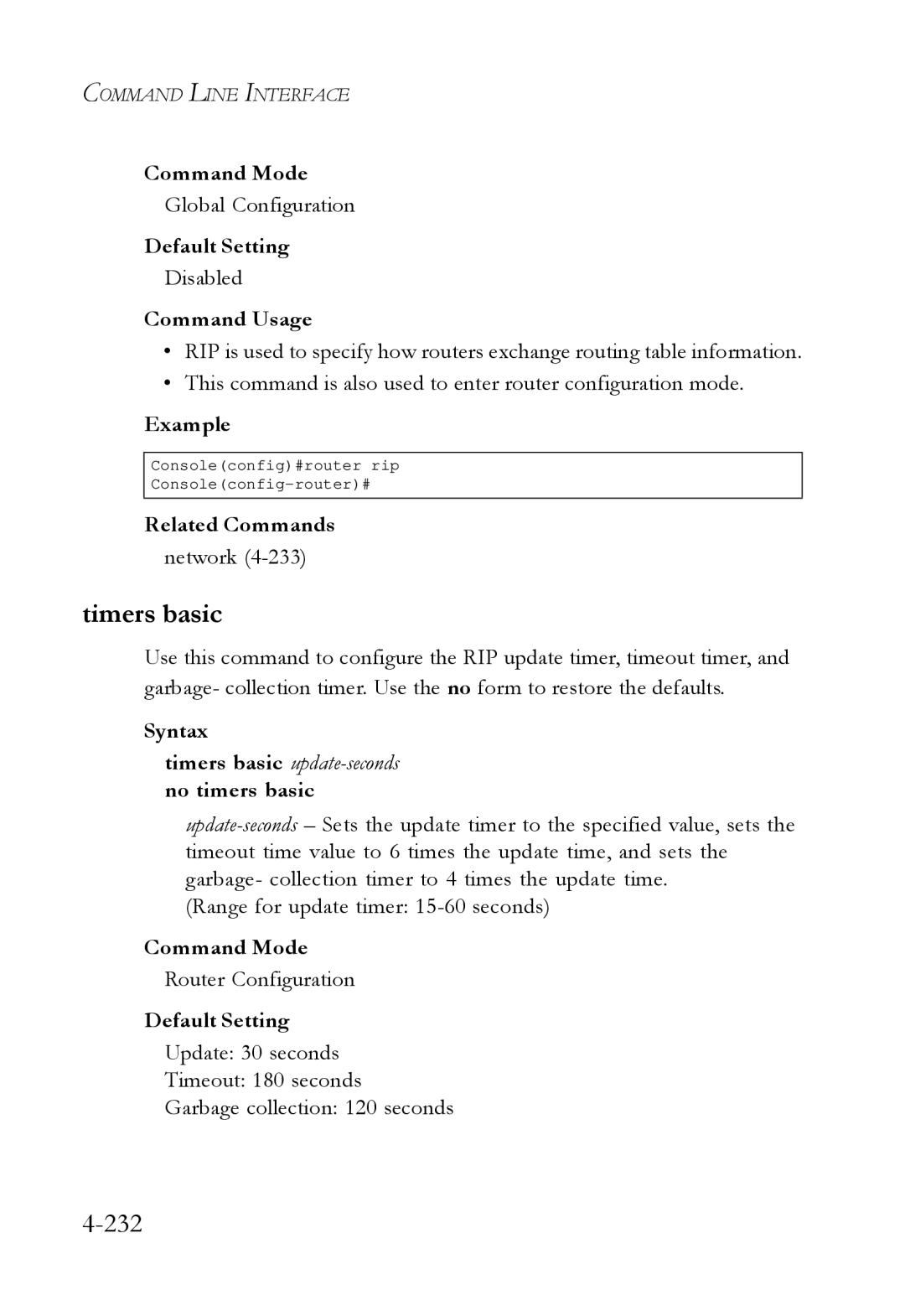 SMC Networks SMC6724L3 manual Timers basic update-seconds no timers basic, Router Configuration 