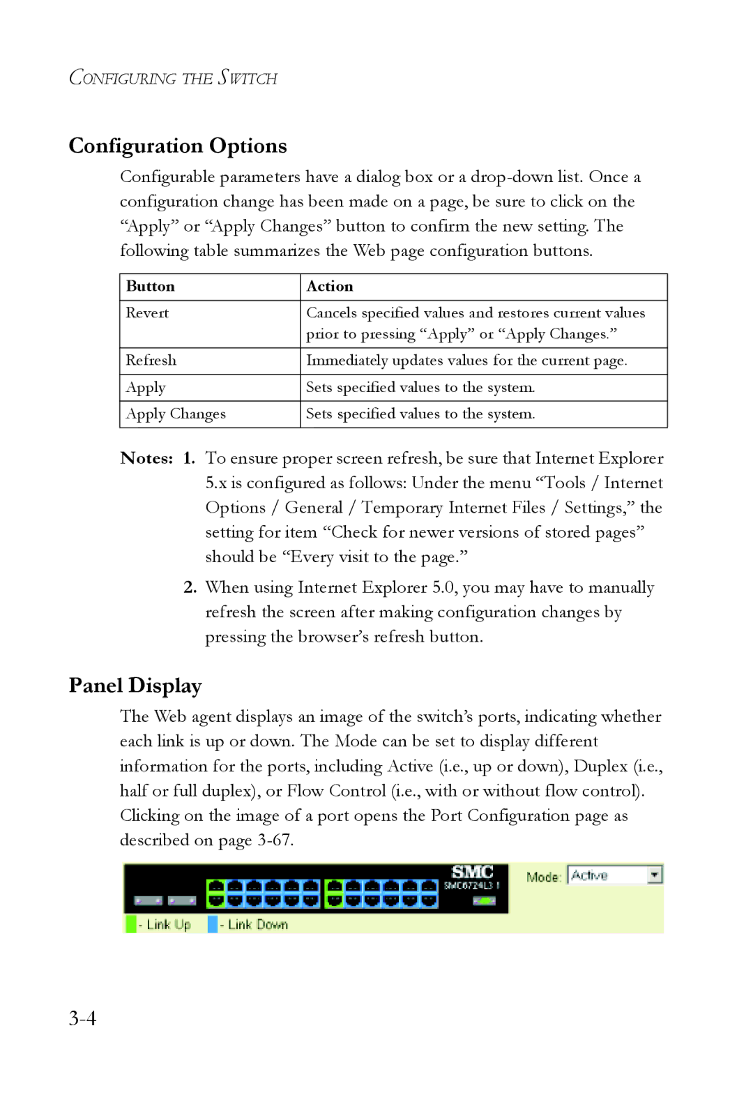 SMC Networks SMC6724L3 manual Panel Display, Button Action 