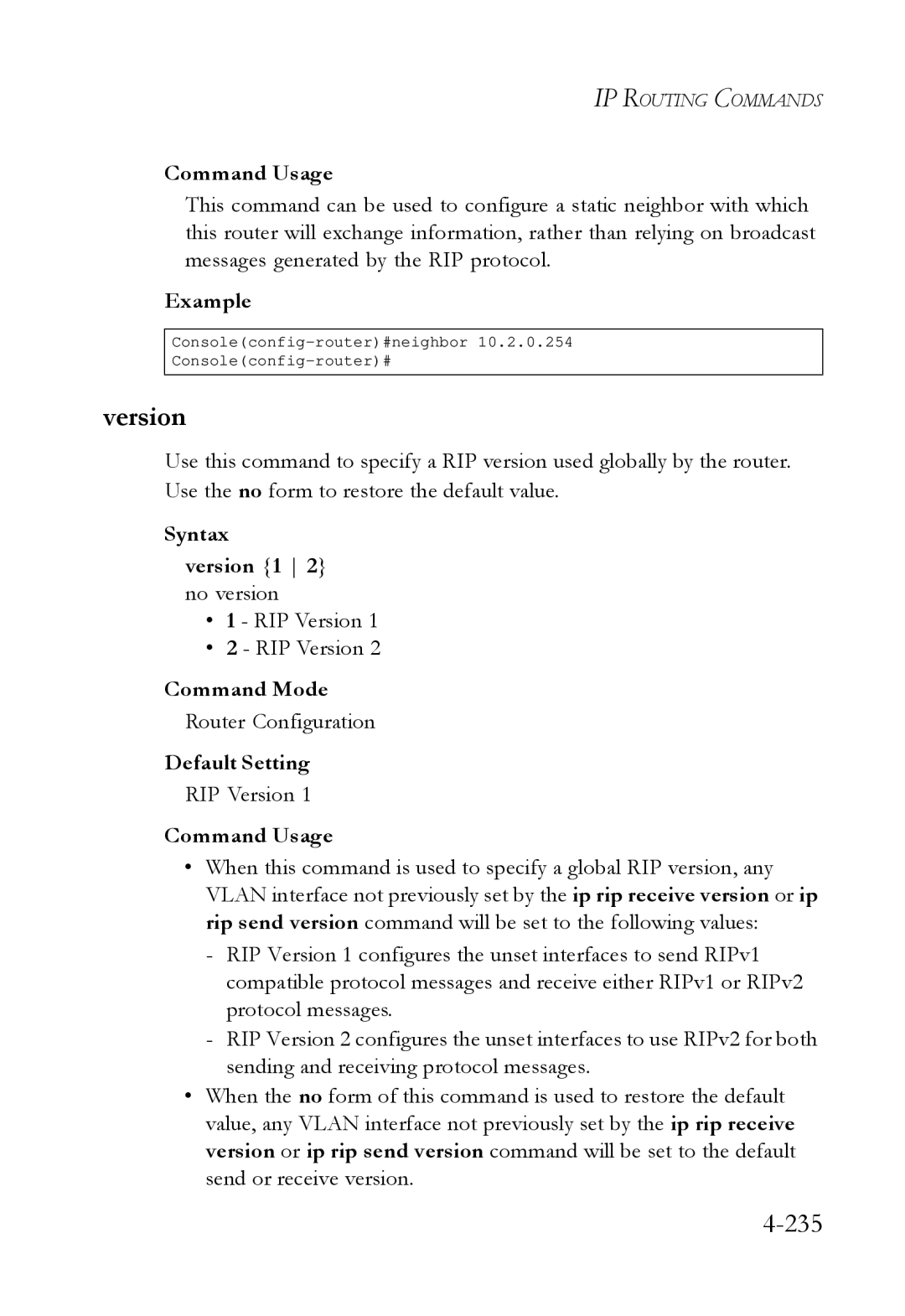 SMC Networks SMC6724L3 manual Syntax Version 1 2 no version, RIP Version 