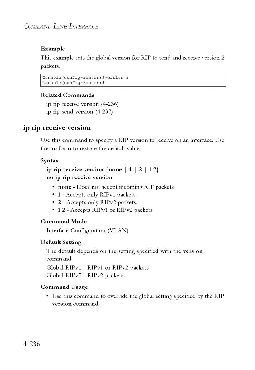 SMC Networks SMC6724L3 manual Ip rip receive version 4-236 ip rip send version 