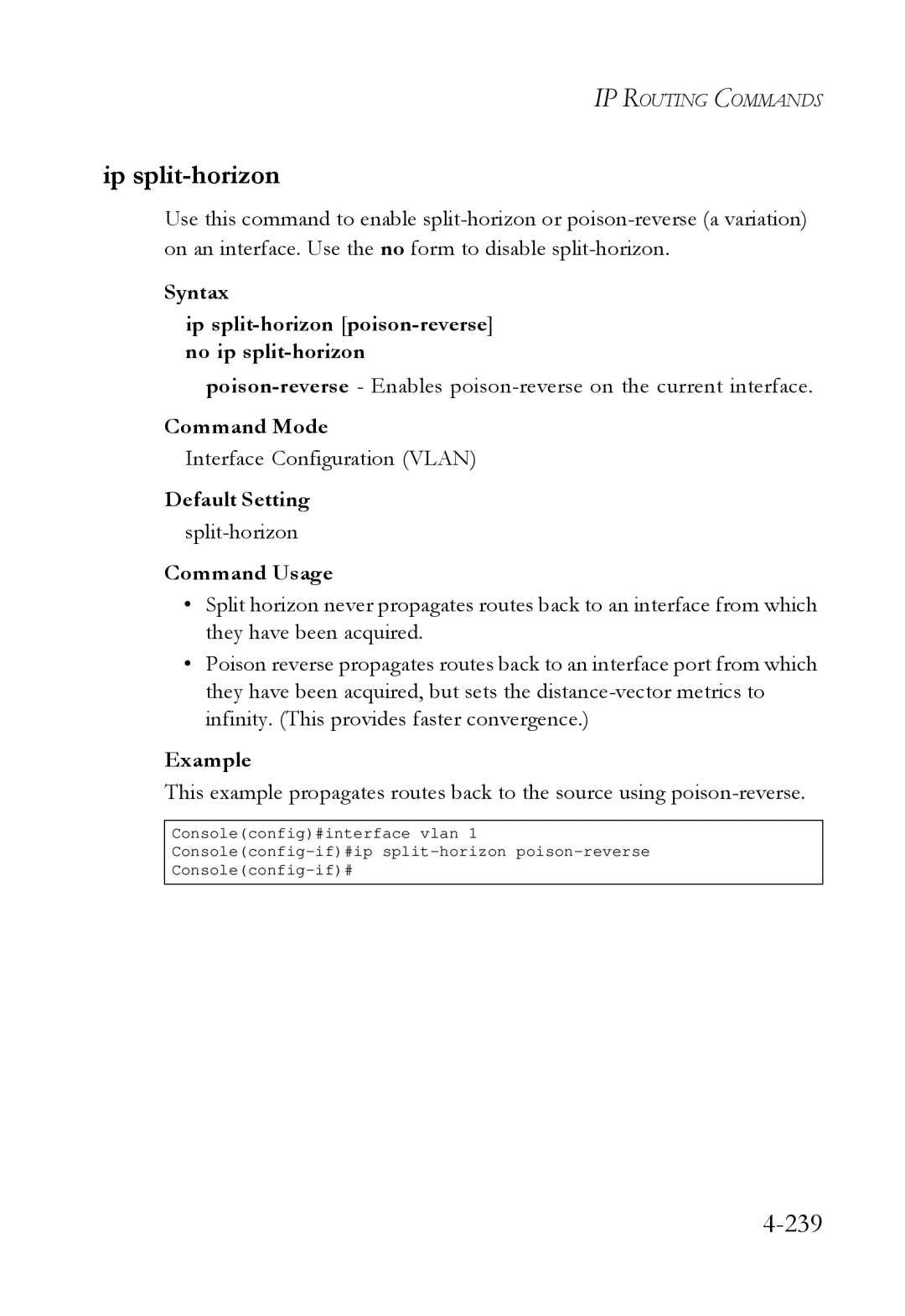 SMC Networks SMC6724L3 manual 239, Syntax Ip split-horizon poison-reverseno ip split-horizon, Split-horizon 