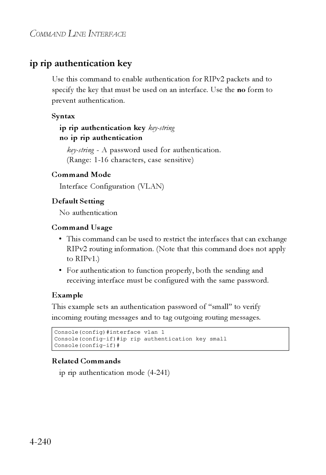 SMC Networks SMC6724L3 manual Ip rip authentication key, 240, No authentication, Ip rip authentication mode 