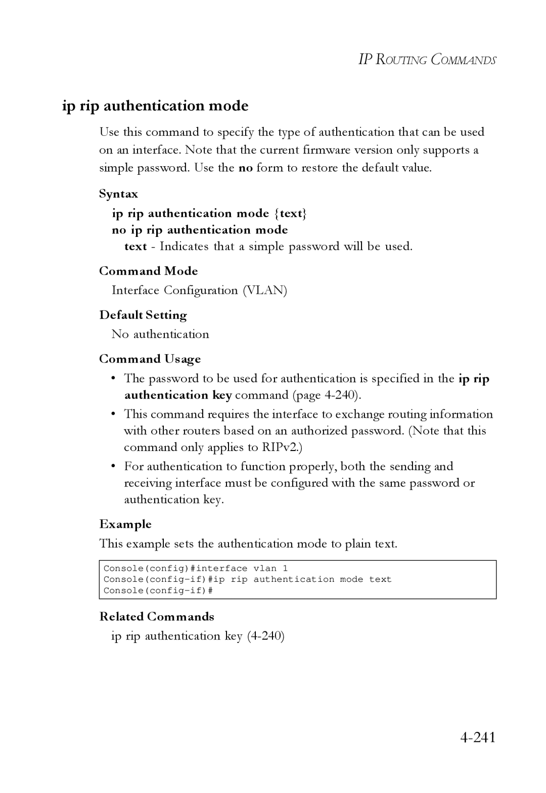 SMC Networks SMC6724L3 manual Ip rip authentication mode, 241, Text Indicates that a simple password will be used 