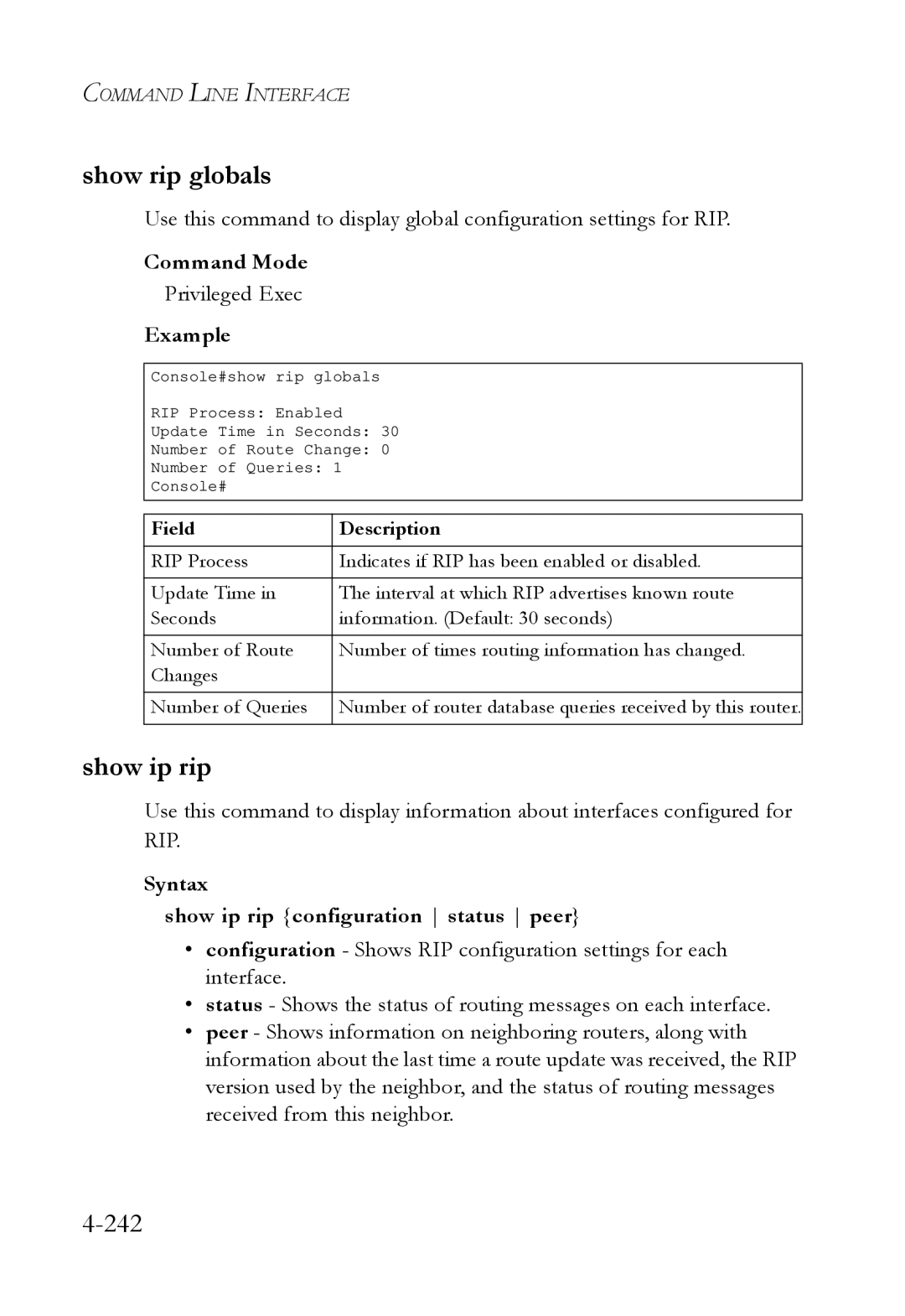 SMC Networks SMC6724L3 manual Show rip globals, 242, Syntax Show ip rip configuration status peer 