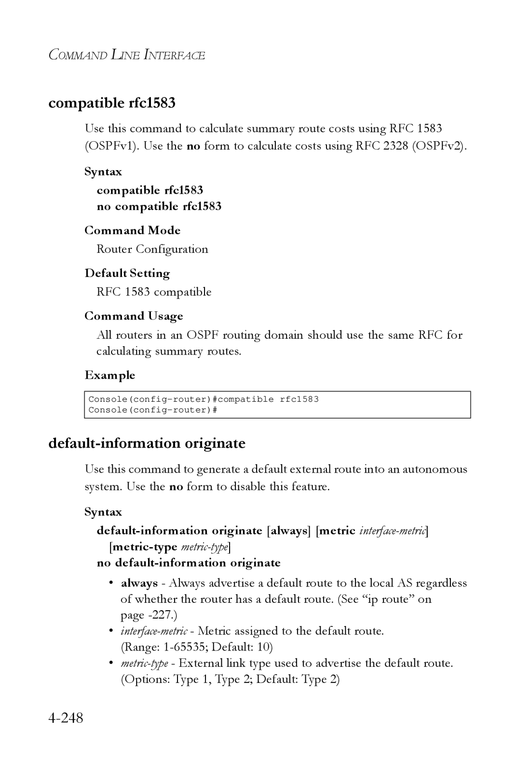 SMC Networks SMC6724L3 manual Compatible rfc1583, Default-information originate, 248, RFC 1583 compatible 