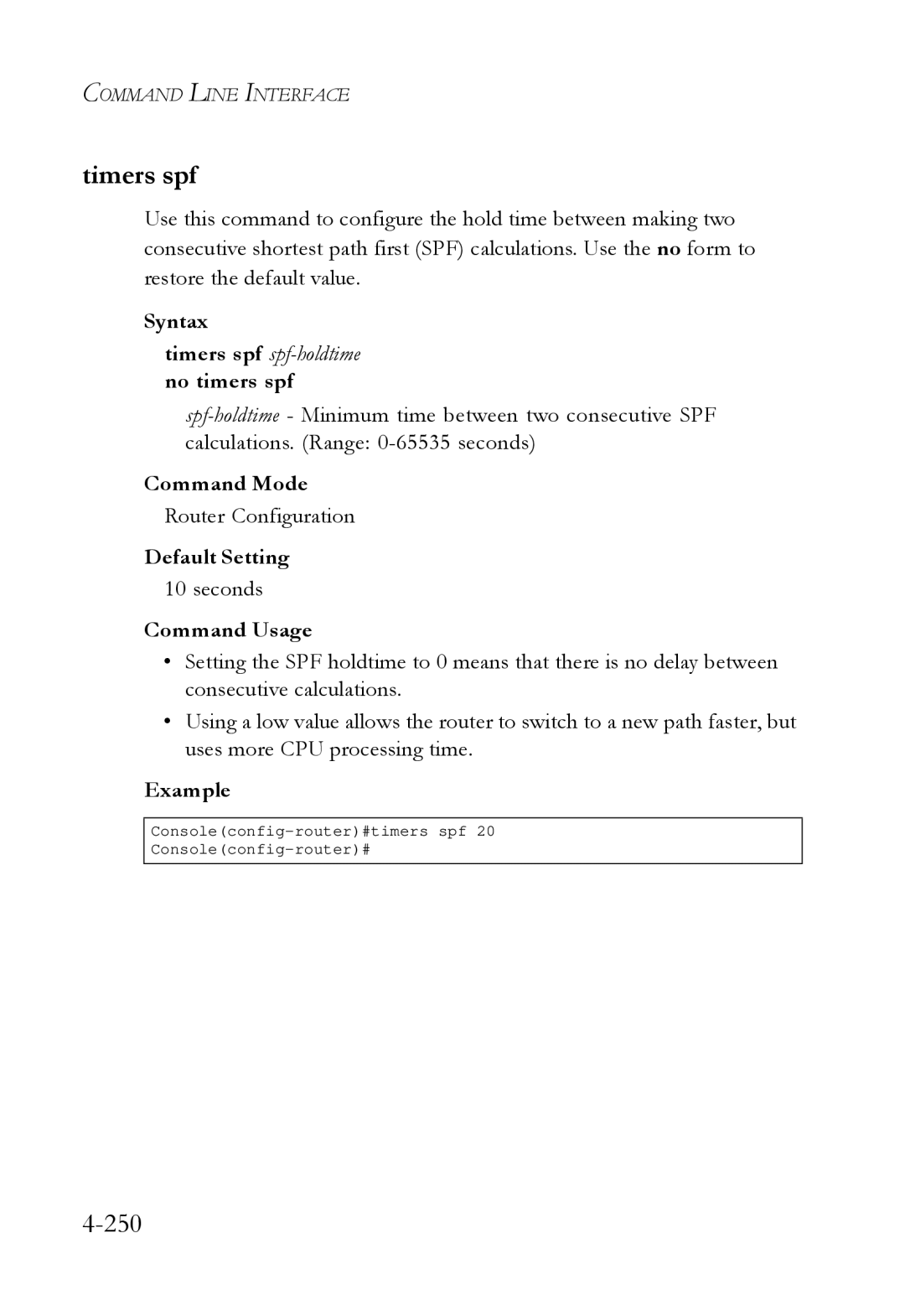 SMC Networks SMC6724L3 manual 250, Timers spf spf-holdtime no timers spf 