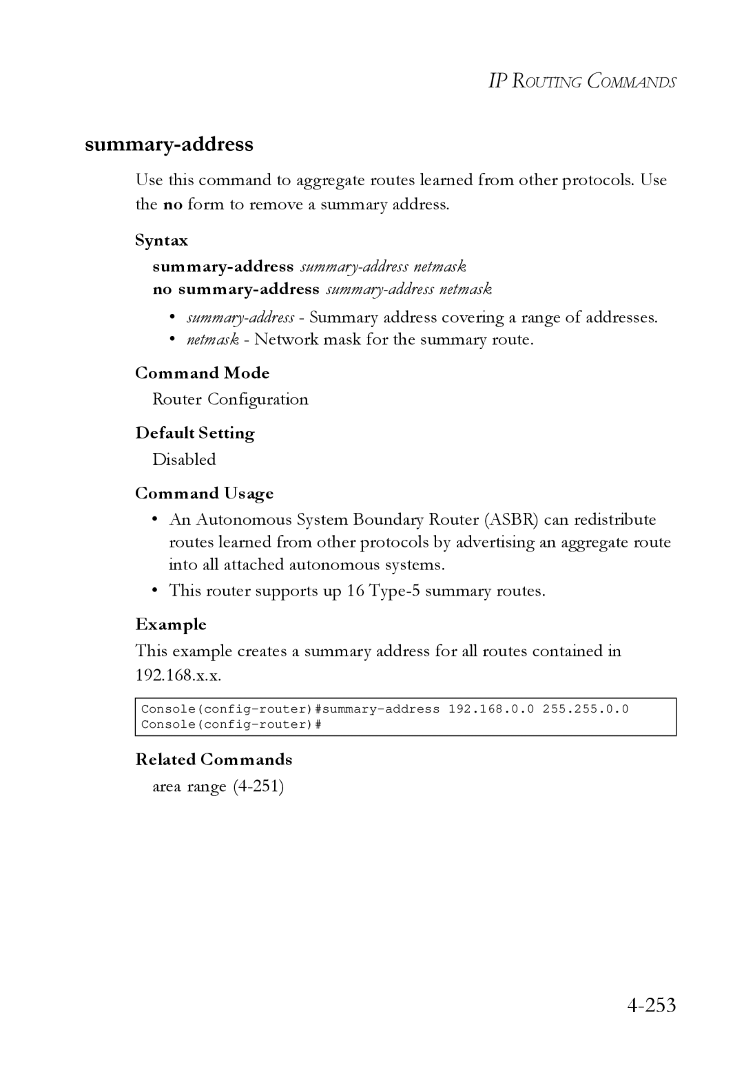 SMC Networks SMC6724L3 manual Summary-address, 253, Area range 