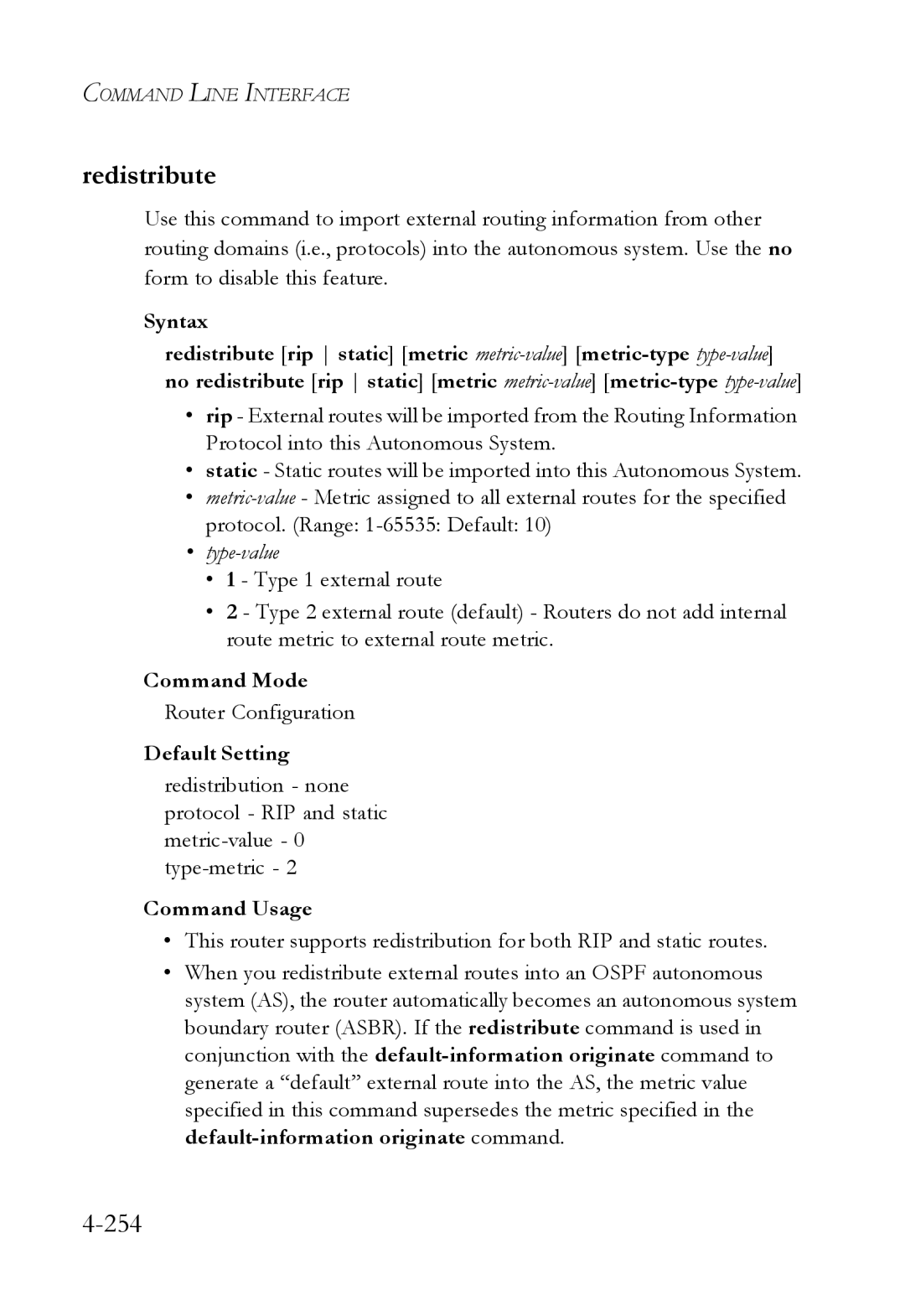 SMC Networks SMC6724L3 manual Redistribute, 254, Type-value 