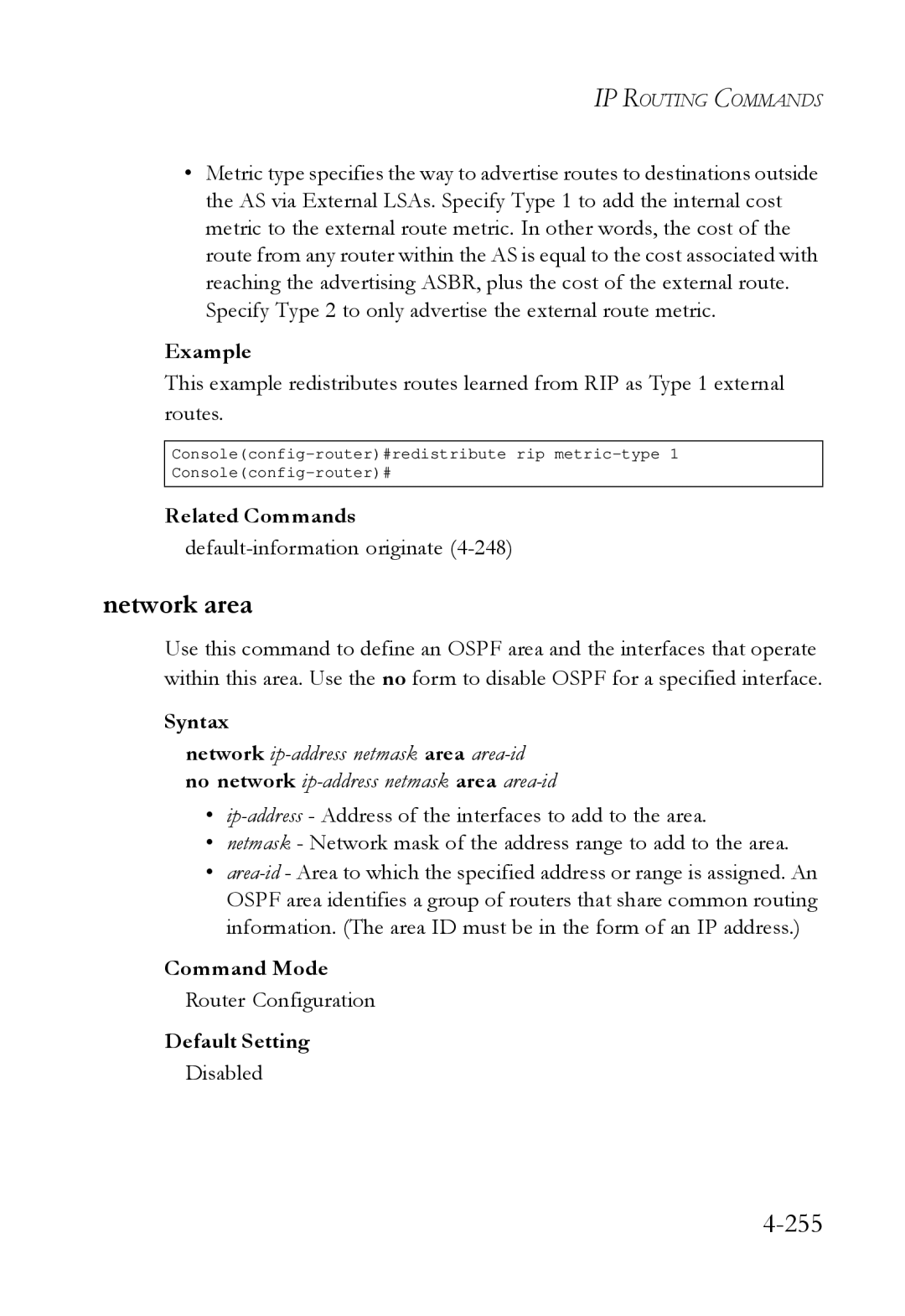 SMC Networks SMC6724L3 manual Network area, 255, Default-information originate 