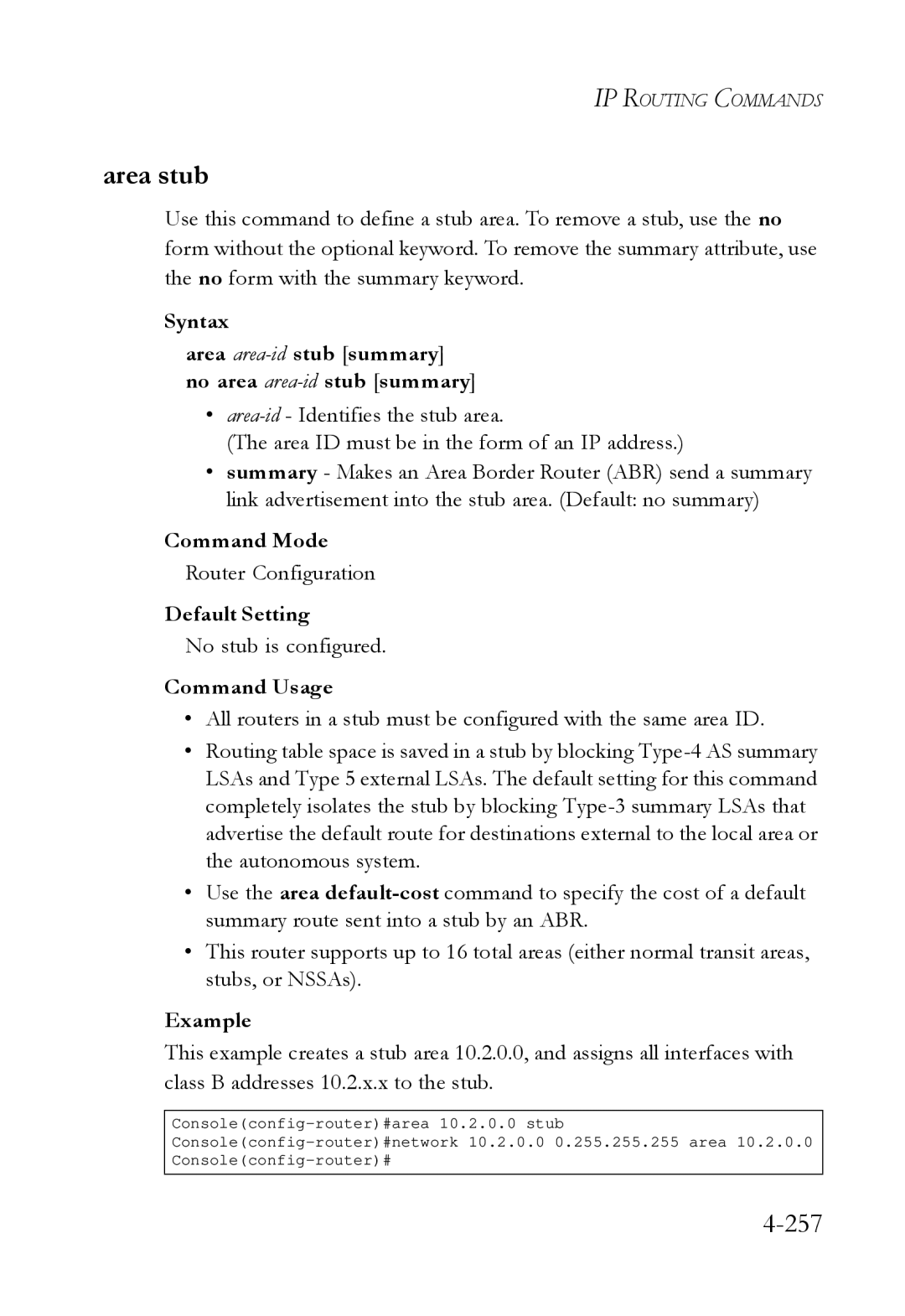 SMC Networks SMC6724L3 Area stub, 257, Syntax Area area-idstub summary no area area-idstub summary, No stub is configured 