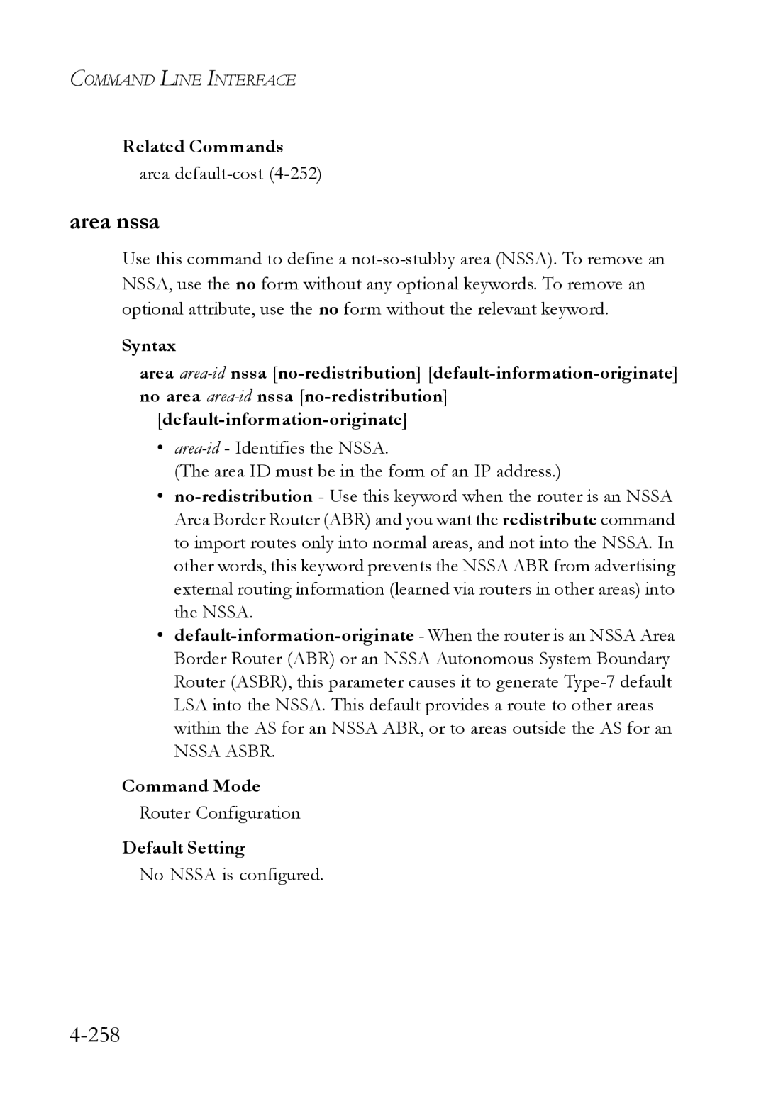 SMC Networks SMC6724L3 manual Area nssa, 258, Area default-cost4-252, No Nssa is configured 