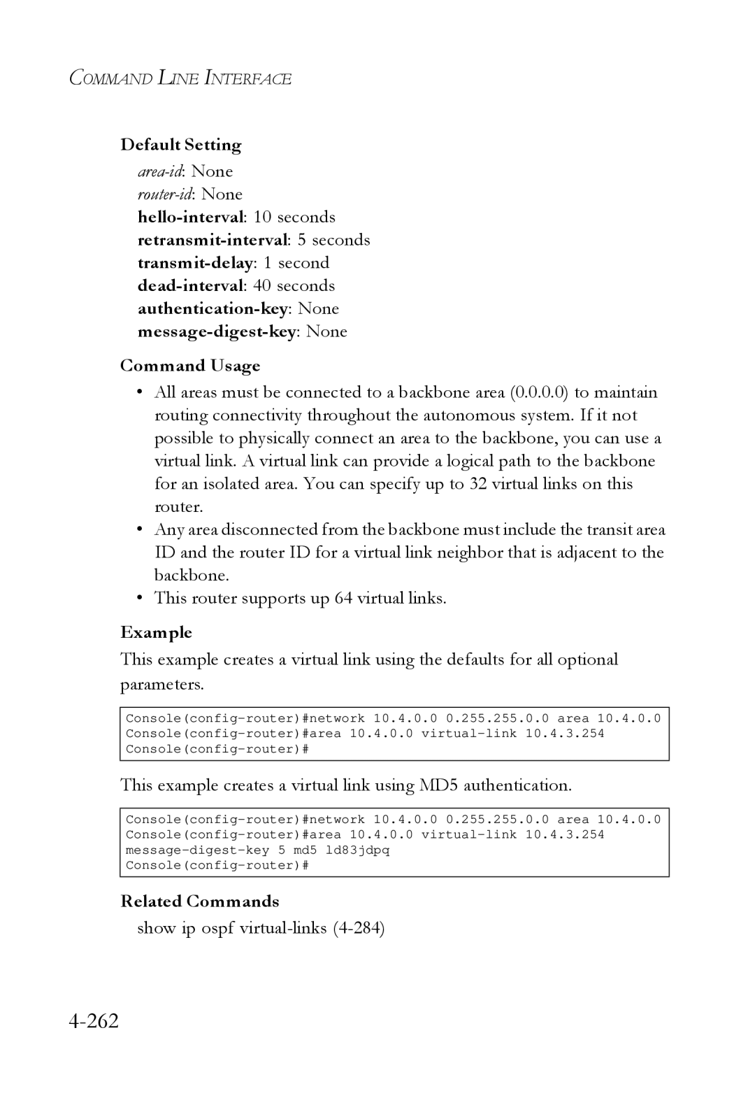 SMC Networks SMC6724L3 manual 262, Area-id None Router-id None, Show ip ospf virtual-links4-284 