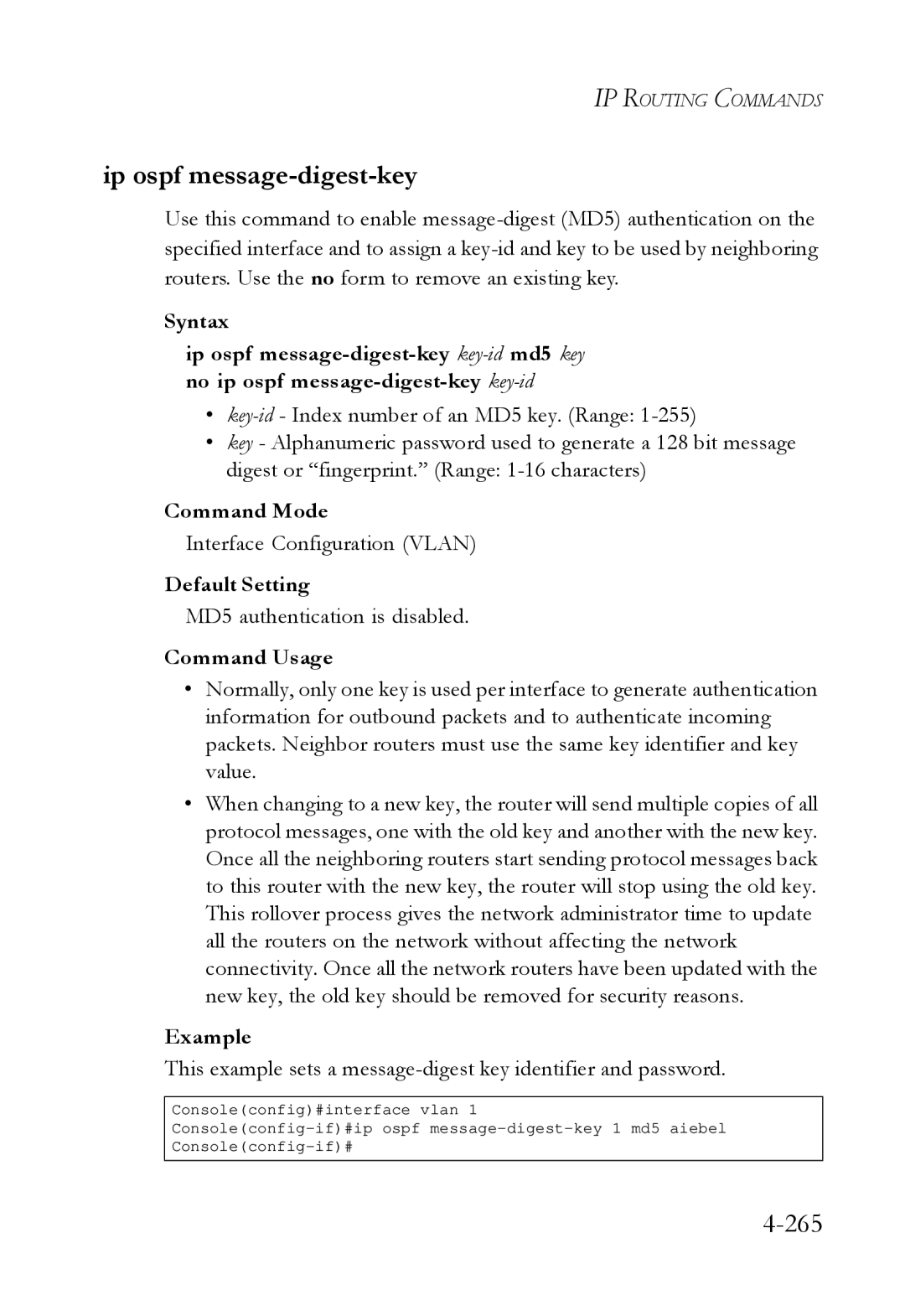 SMC Networks SMC6724L3 manual Ip ospf message-digest-key, 265, MD5 authentication is disabled 