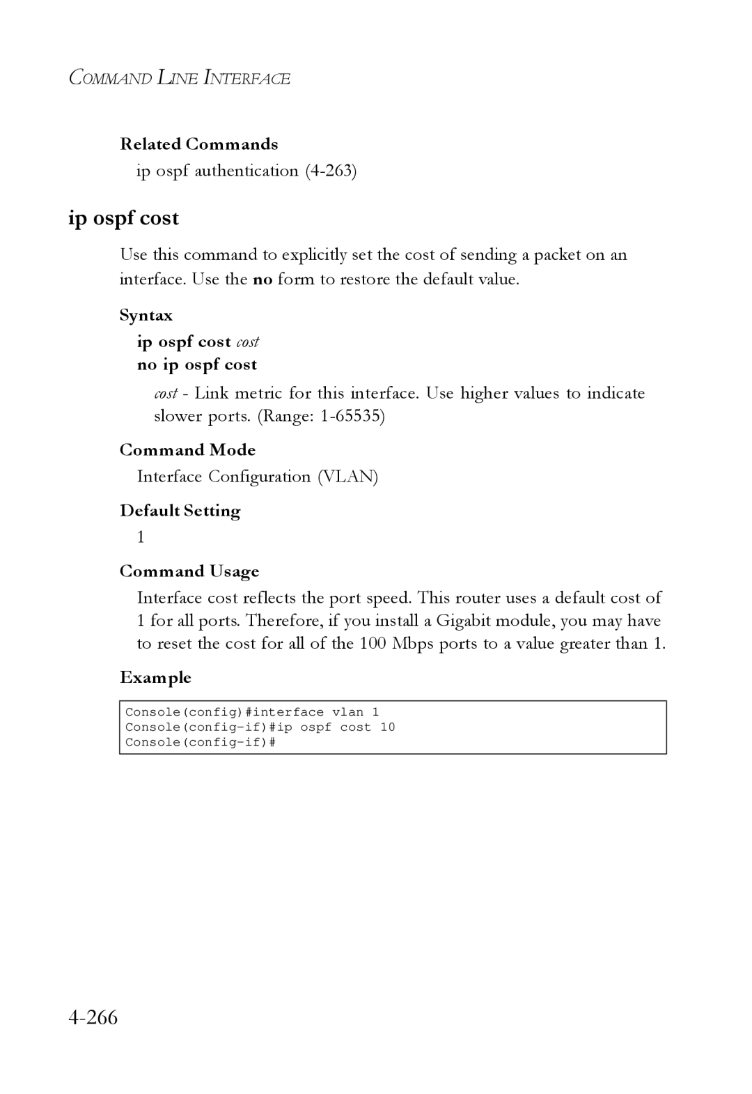 SMC Networks SMC6724L3 manual 266, Syntax Ip ospf cost cost no ip ospf cost 