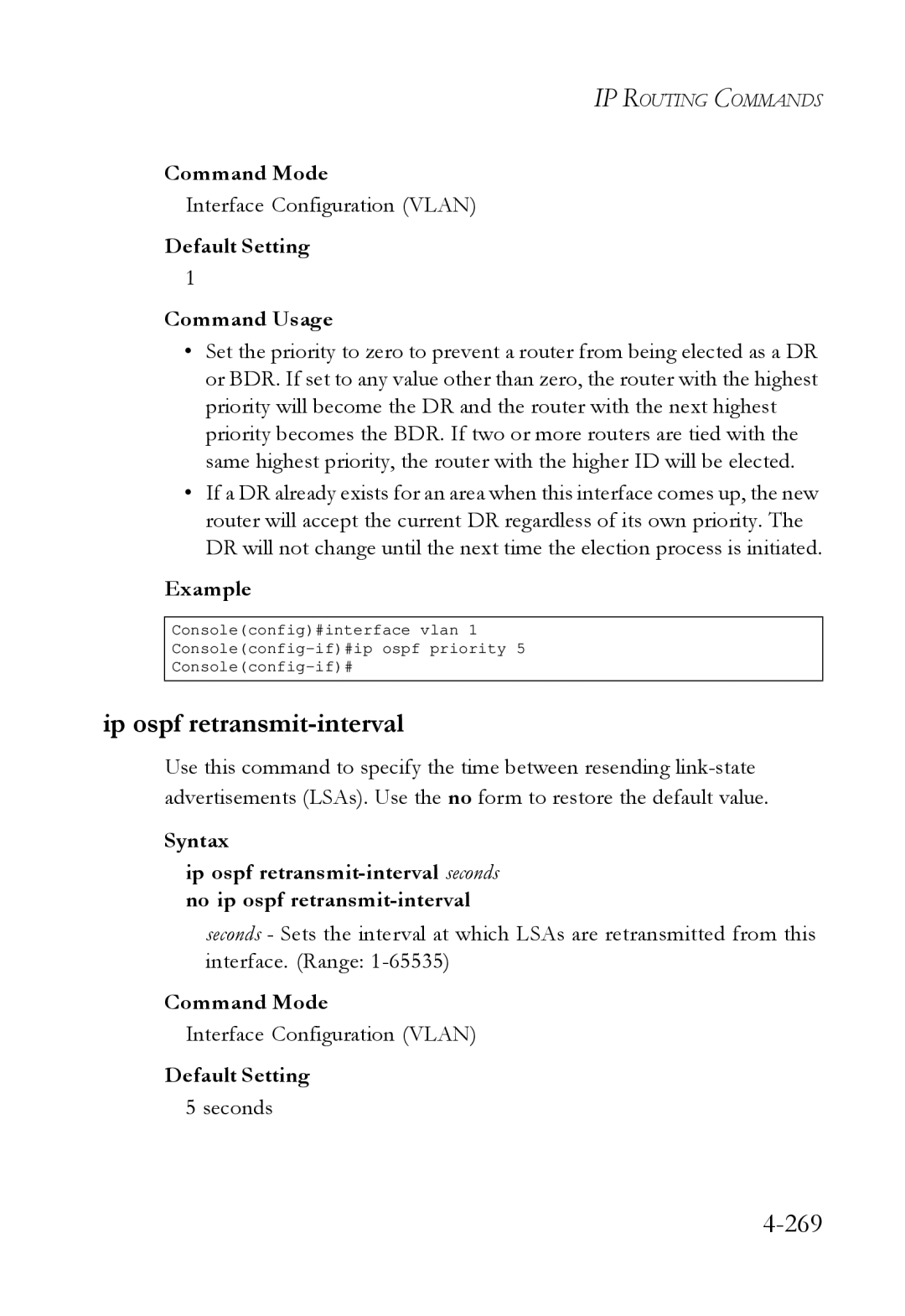 SMC Networks SMC6724L3 manual Ip ospf retransmit-interval, 269 