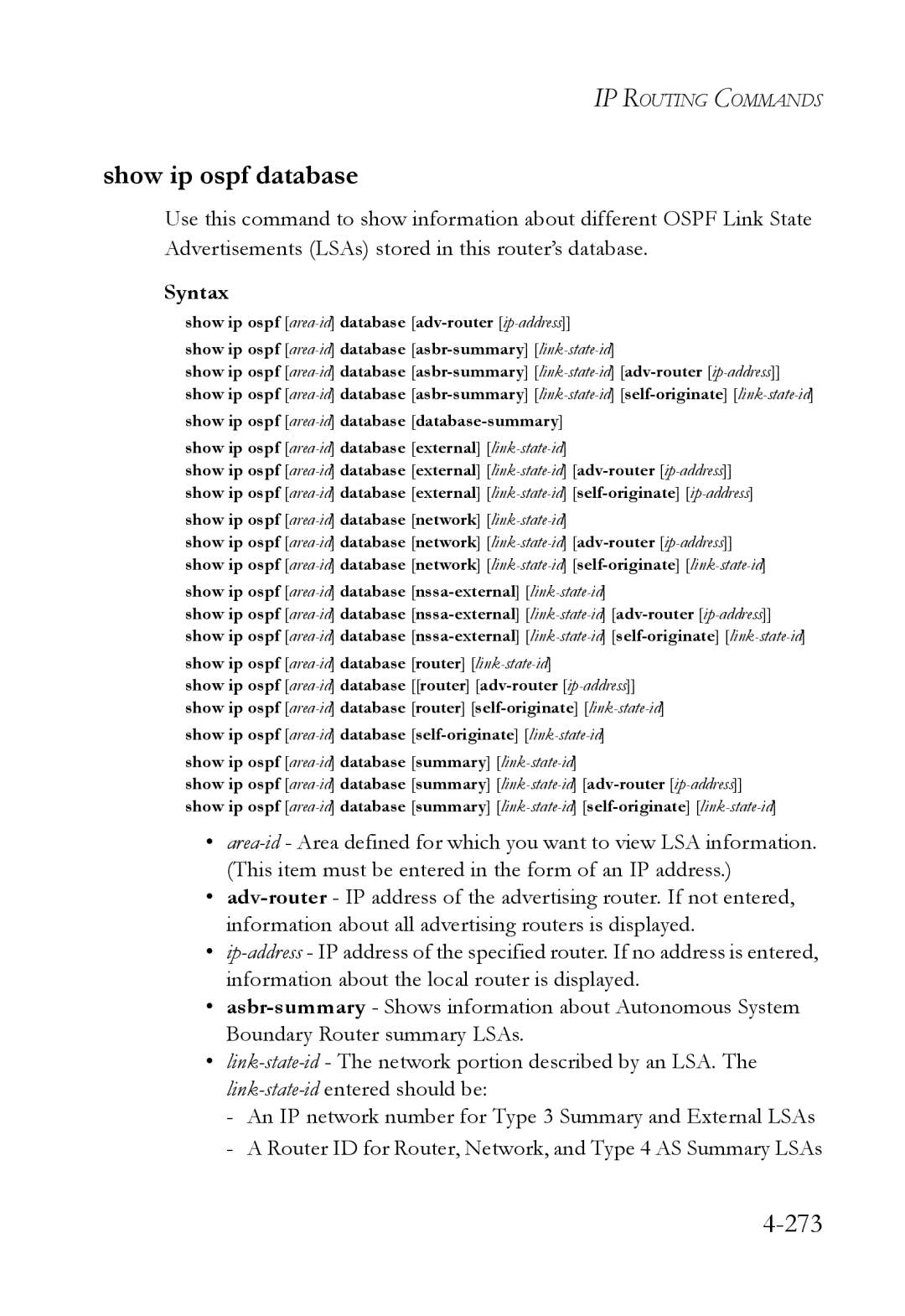 SMC Networks SMC6724L3 manual Show ip ospf database, 273 