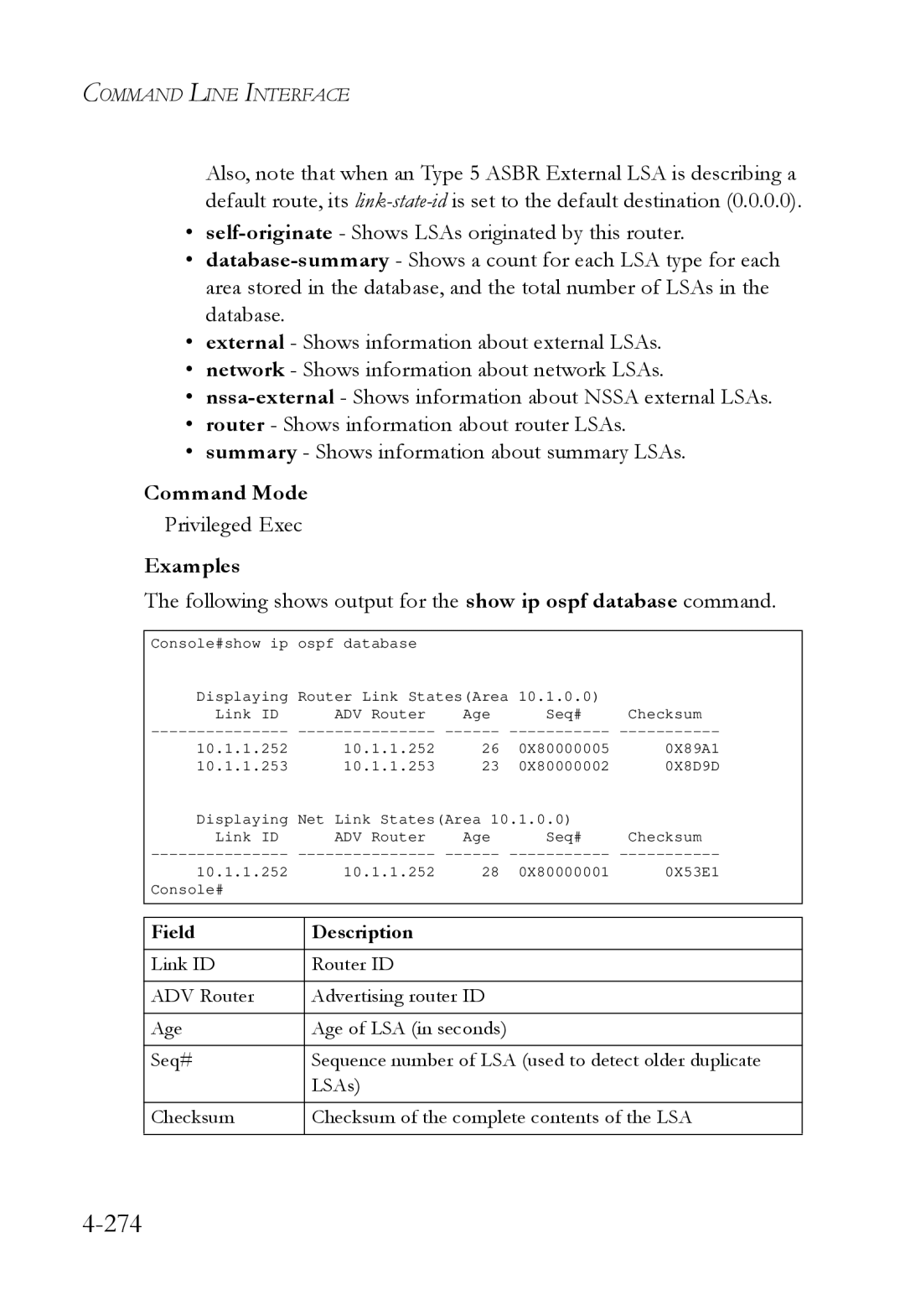 SMC Networks SMC6724L3 manual 274, Following shows output for the show ip ospf database command 