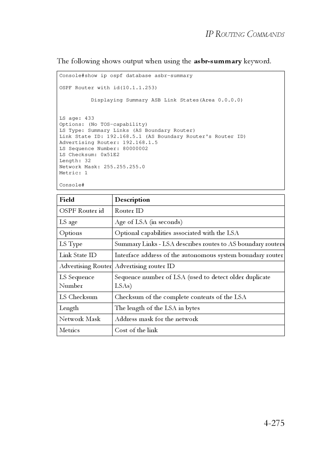 SMC Networks SMC6724L3 manual 275, Following shows output when using the asbr-summarykeyword 