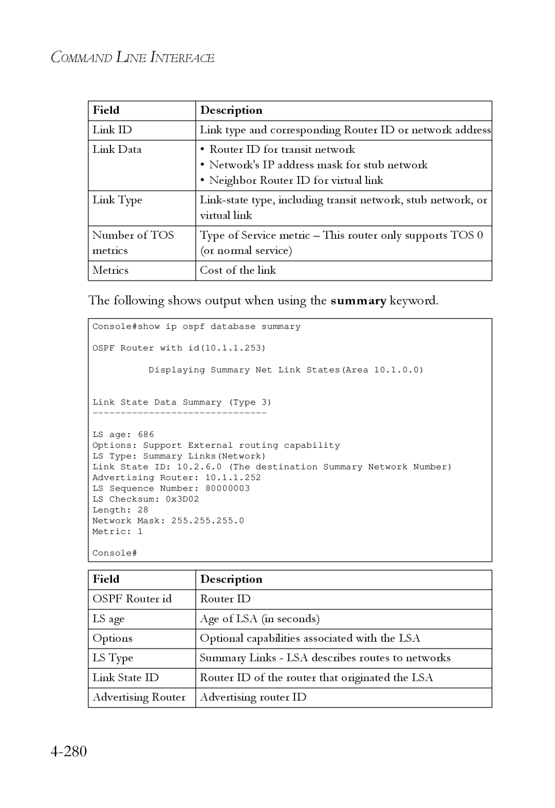 SMC Networks SMC6724L3 manual 280, Following shows output when using the summary keyword 