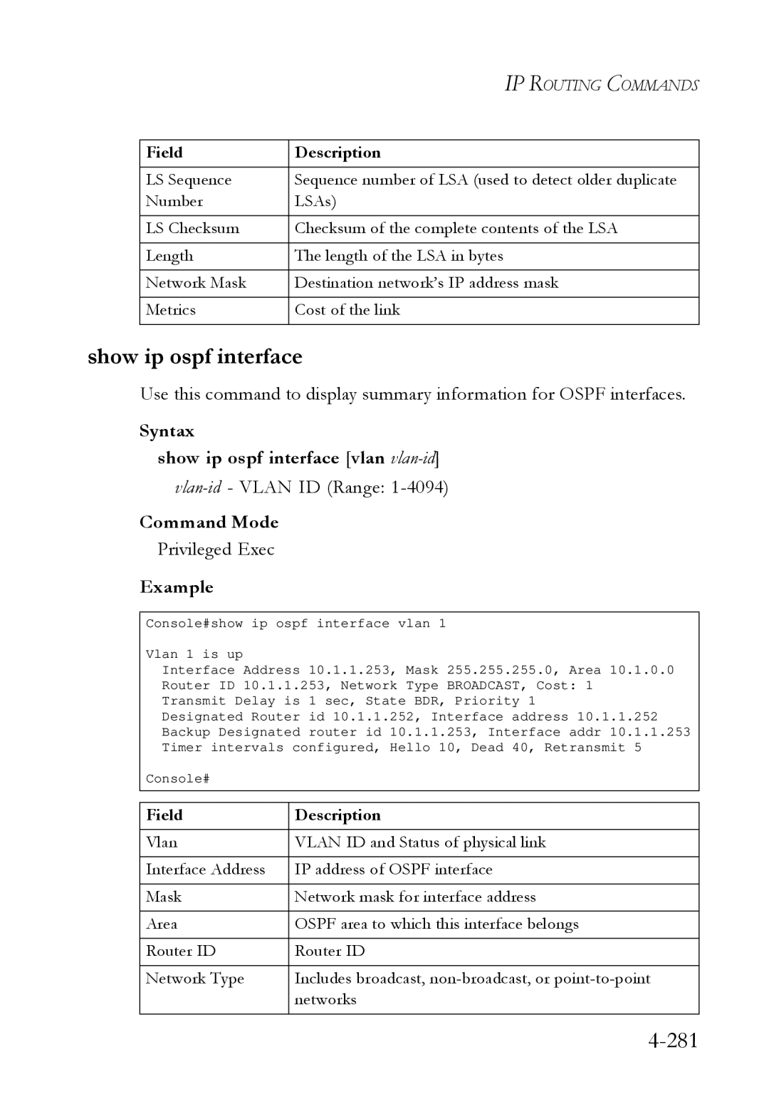 SMC Networks SMC6724L3 manual Show ip ospf interface, 281 