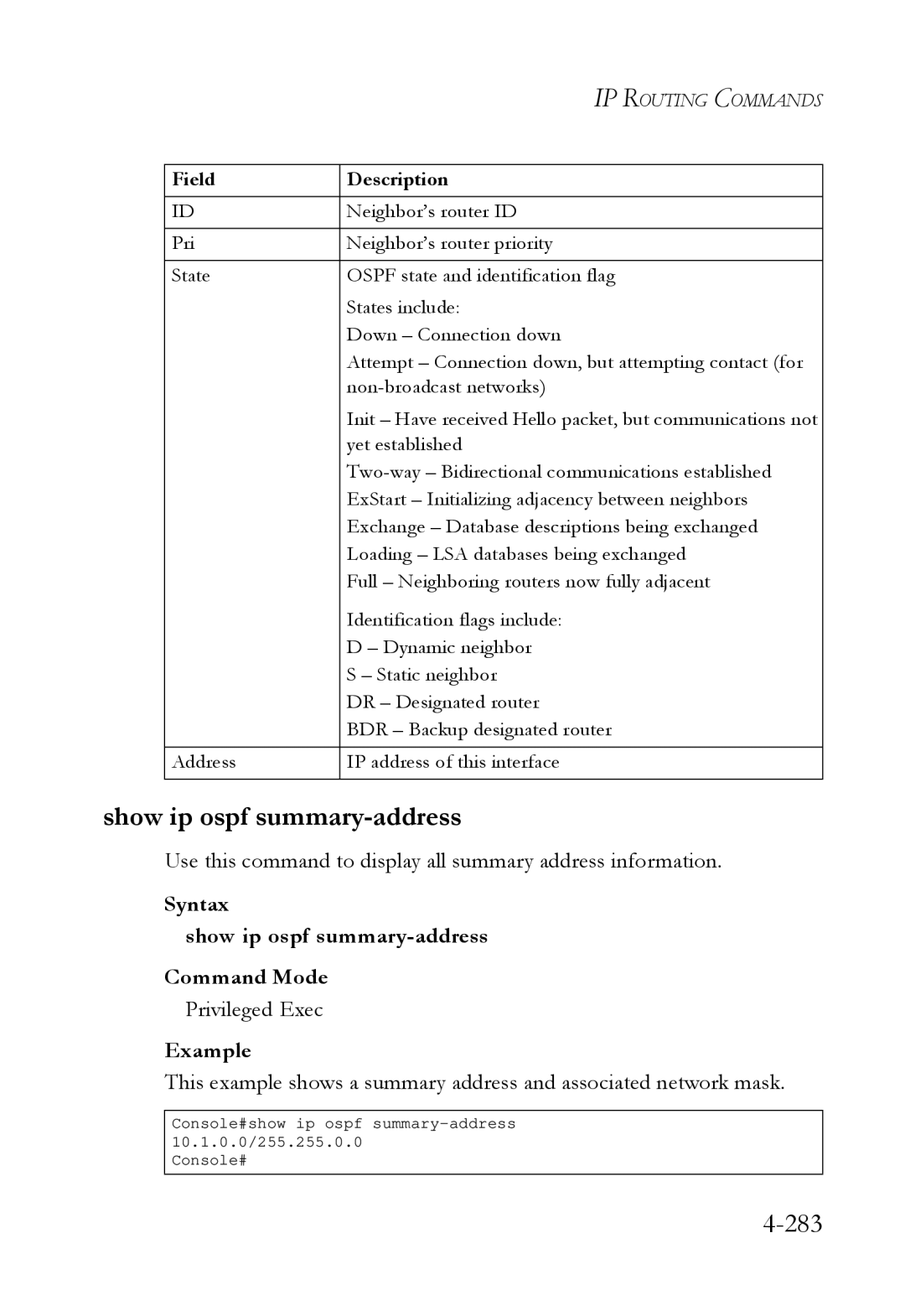 SMC Networks SMC6724L3 Show ip ospf summary-address, 283, Use this command to display all summary address information 