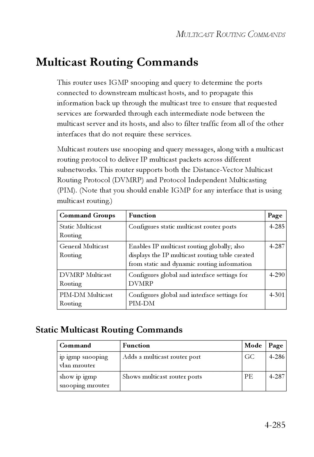 SMC Networks SMC6724L3 manual Static Multicast Routing Commands, 285 