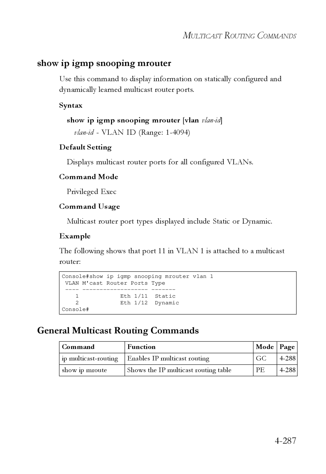 SMC Networks SMC6724L3 manual Show ip igmp snooping mrouter, General Multicast Routing Commands, 287 