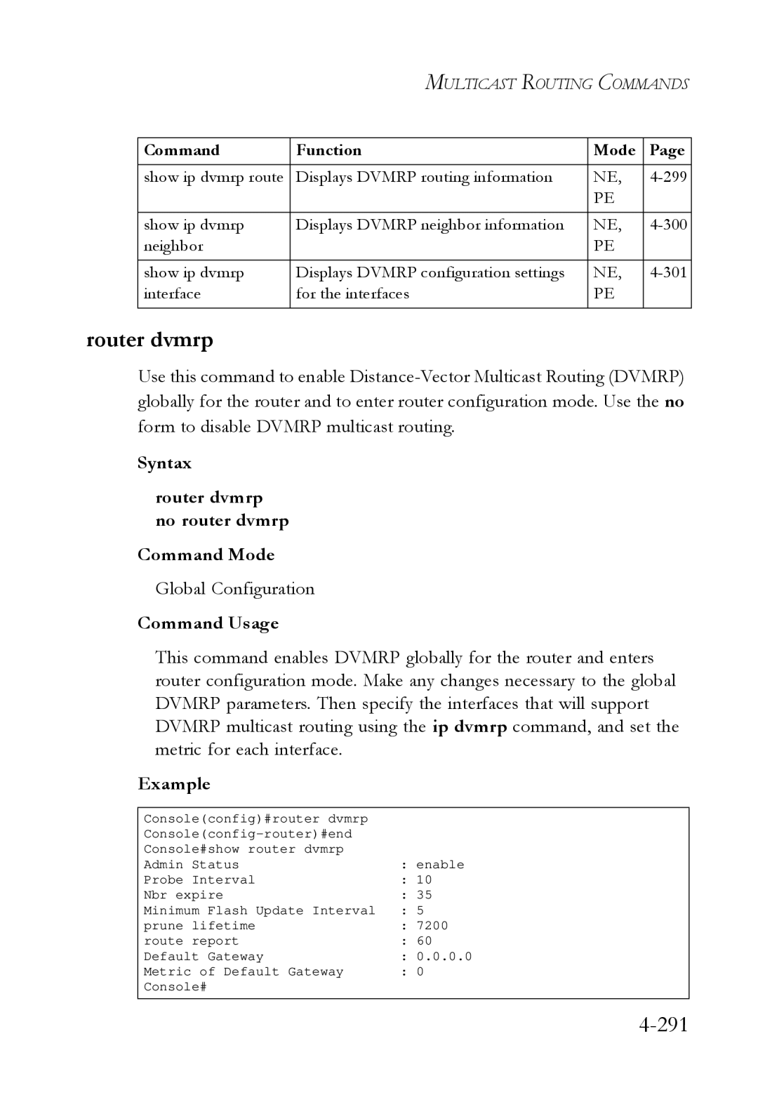 SMC Networks SMC6724L3 manual 291, Syntax Router dvmrp no router dvmrp Command Mode 